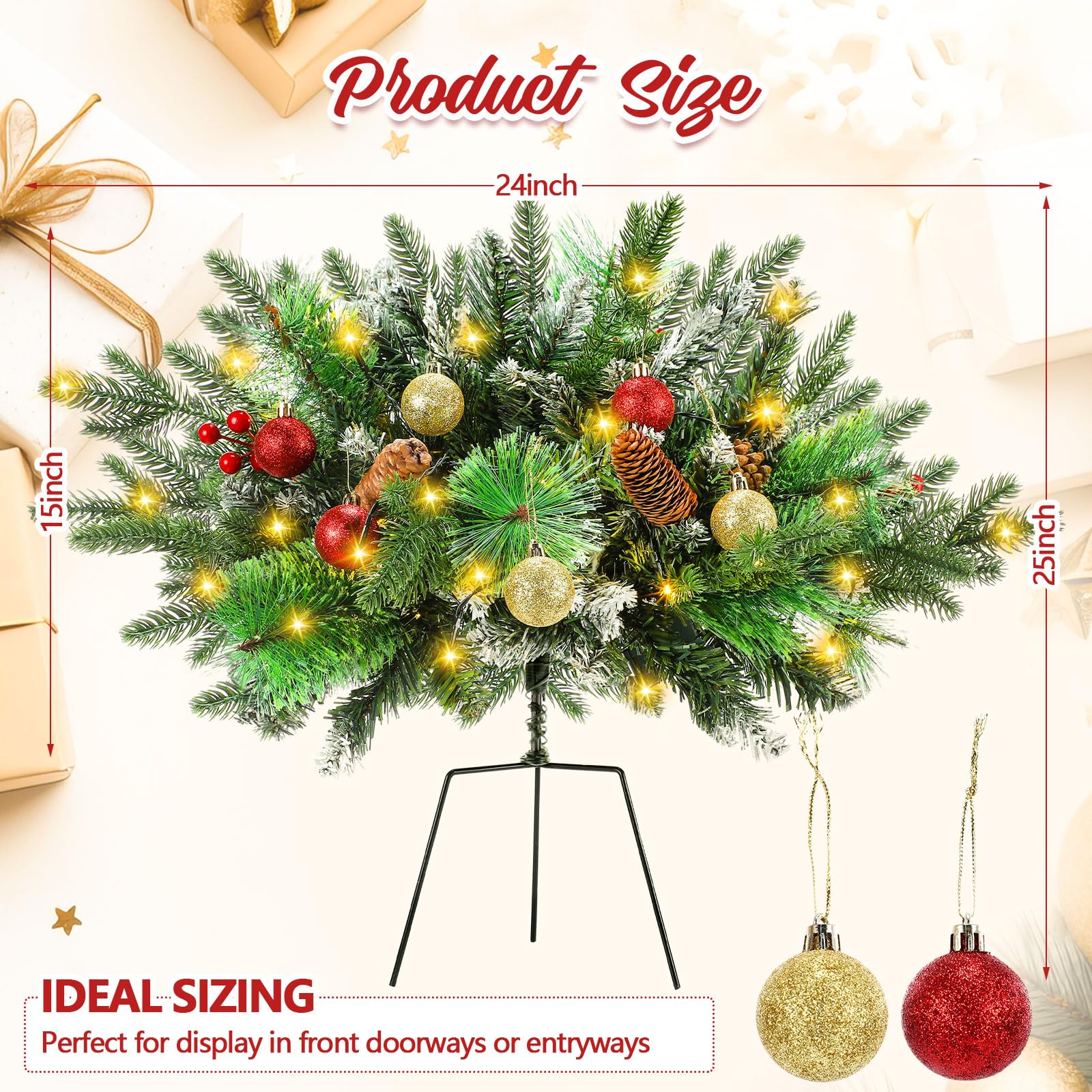 Hollowfly Lot de 2 urnes de Noël artificielles éclairées de 63,5 cm avec cônes et baies rouges - Décoration de Noël avec 70 lumières LED - Trépied