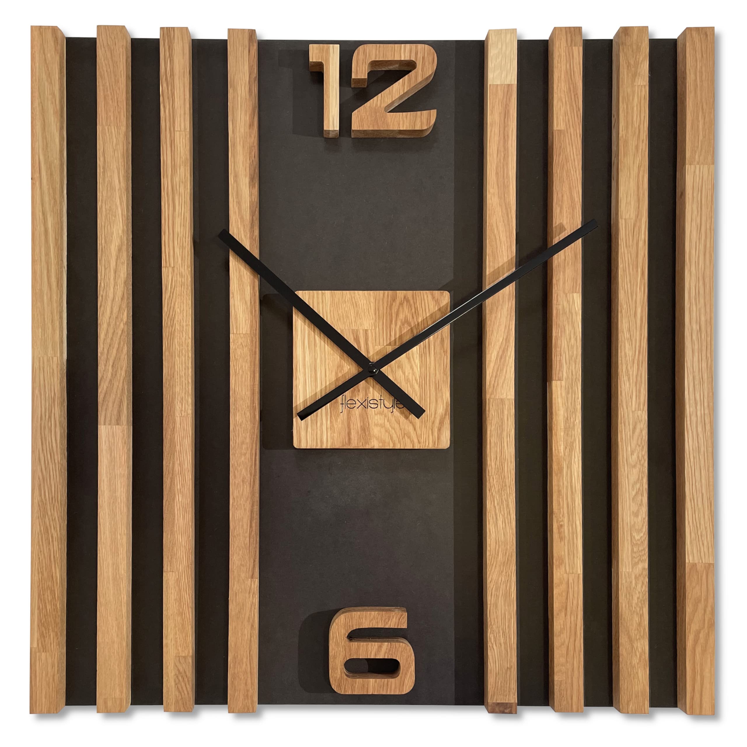 FLEXISTYLE Wanduhr groß modern Holz Eiche lautlos ohne Tickgeräusche Designer Zeitmesser Wand Dekor Wohnzimmer Küche Badezimmer große Wall Clock minimalistisch elegant 60cm