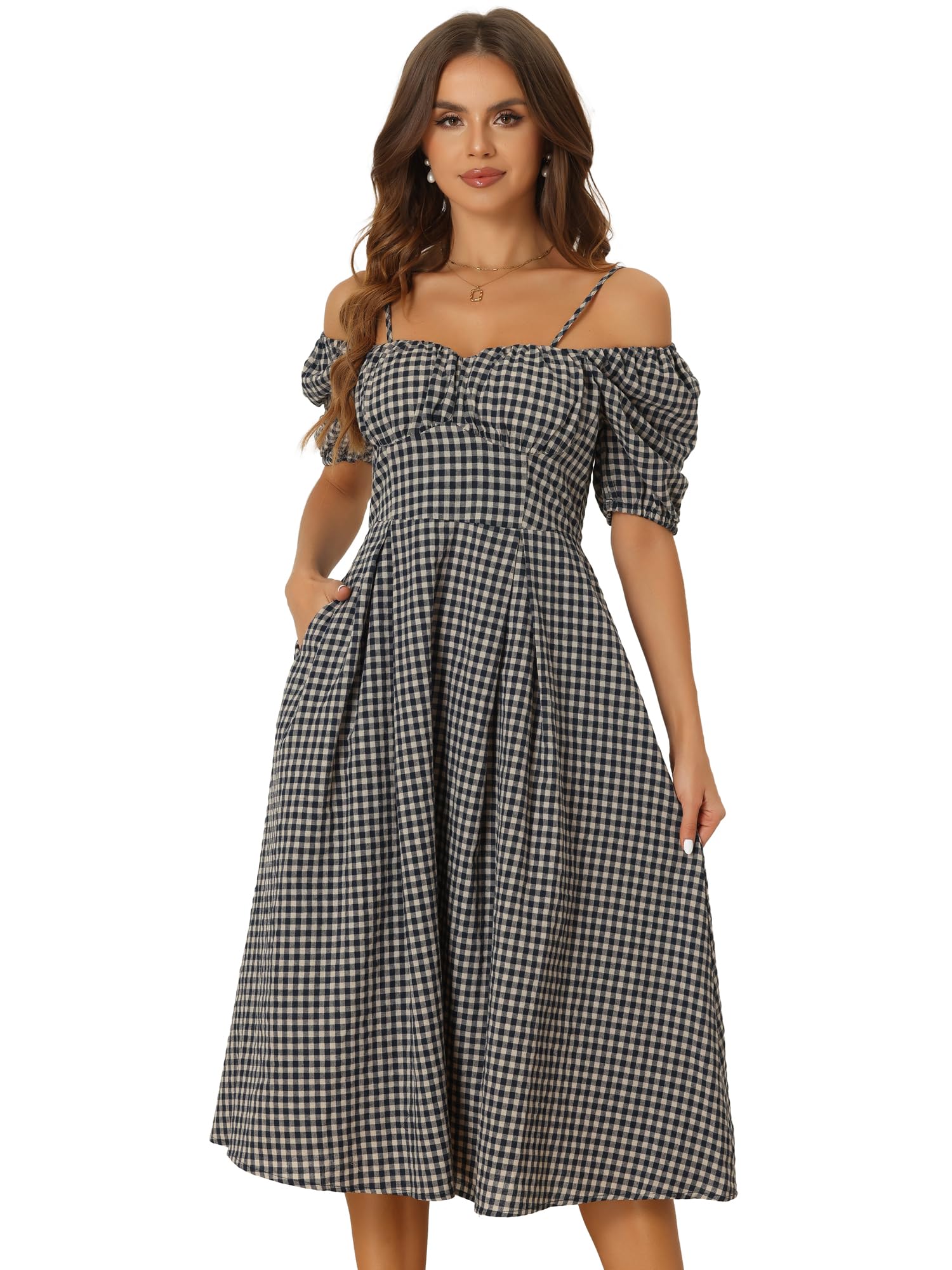 Allegra K Womens Vintage Gingham Dress Spaghetti Straps Off