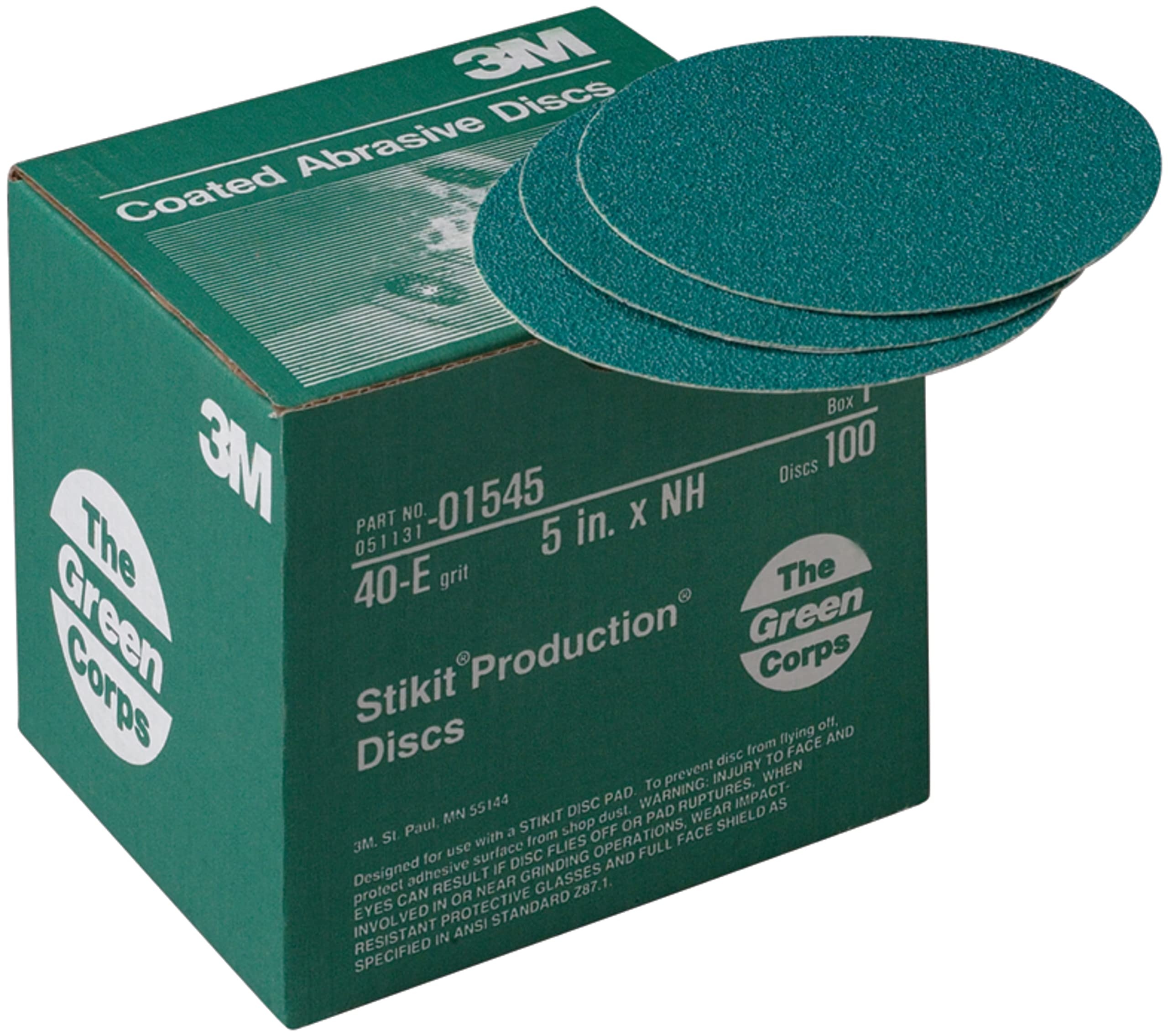3M Green Corps Hookit Zımpara Diskleri, 01545, Deliksiz, 5 inç, 40+ Sınıf, 100 Üretim Diski Paketi, Kaplama Çıkarma için, Metal Yüzeyler, Otomatik Zımpara