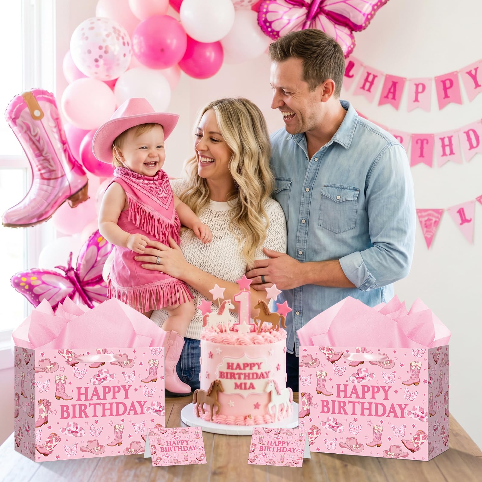 TagreSpike Cowgirl Birthday Gift Bag, Western Bow Happy Birthday Wrapping Bag with Tissue Paper and Card Coquette Bow Boots Treat Bags for Girls Rodeo Birthday Party Supplies - Pink Cow Print Boots