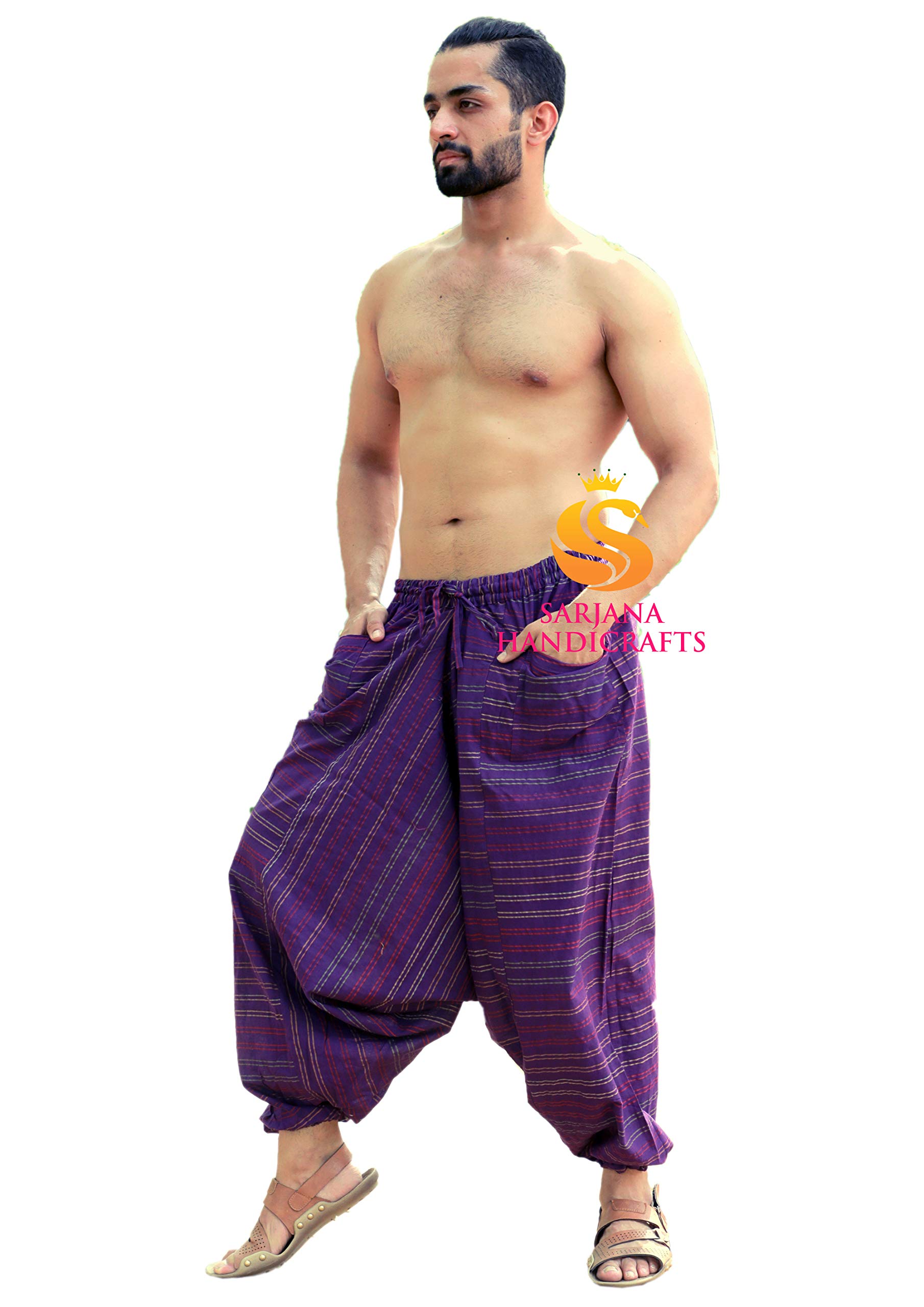 SARJANA - Pantalones hippie de algodón para hombre, para danza, yoga, tiro caído, Violeta intenso, talla única