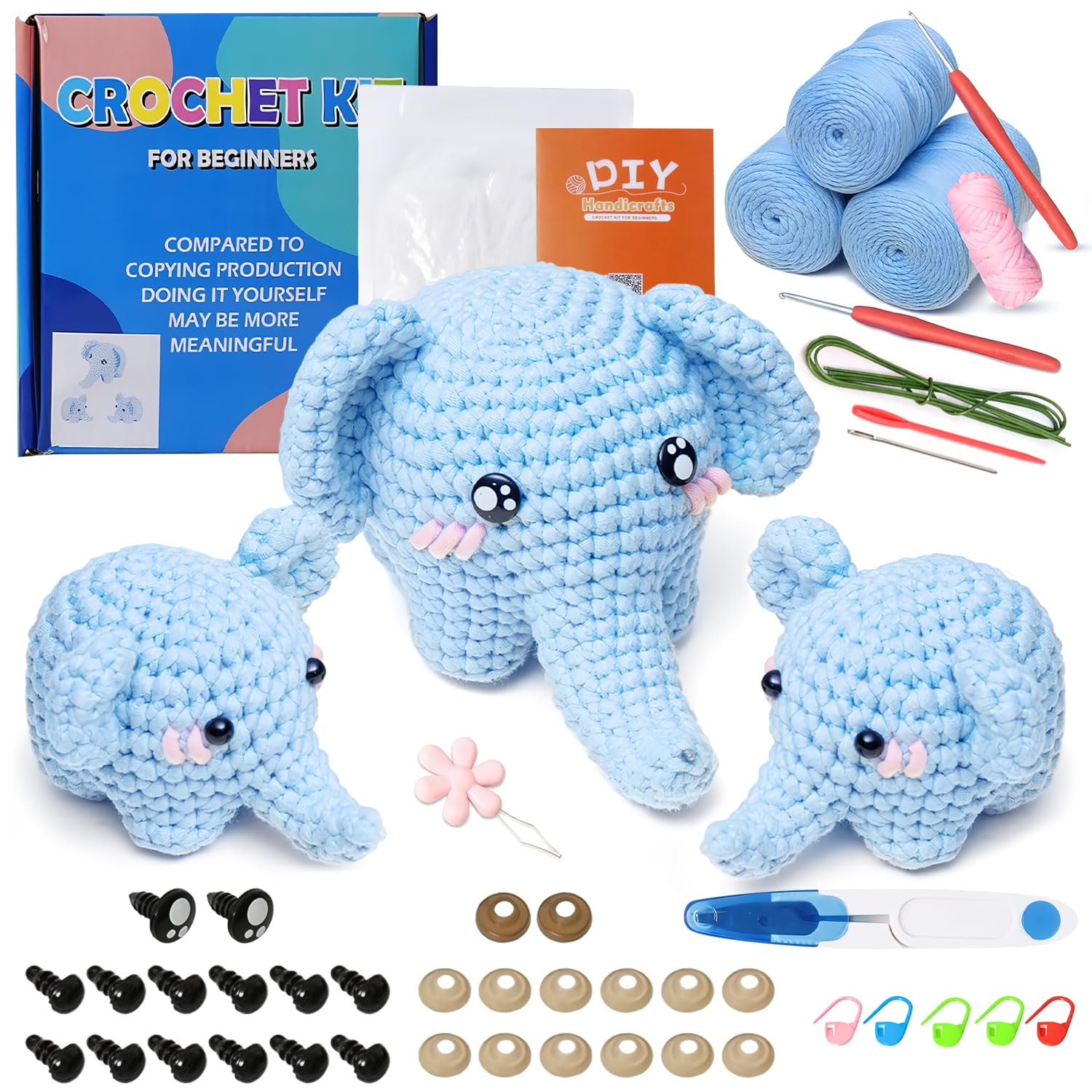 BendJoy® Crochet Kit for Beginners with Yarn, 3Pcs Elephants Crochet Set, Blue DIY Kit for Adult and Kids with Step-by-Step Video Tutorials