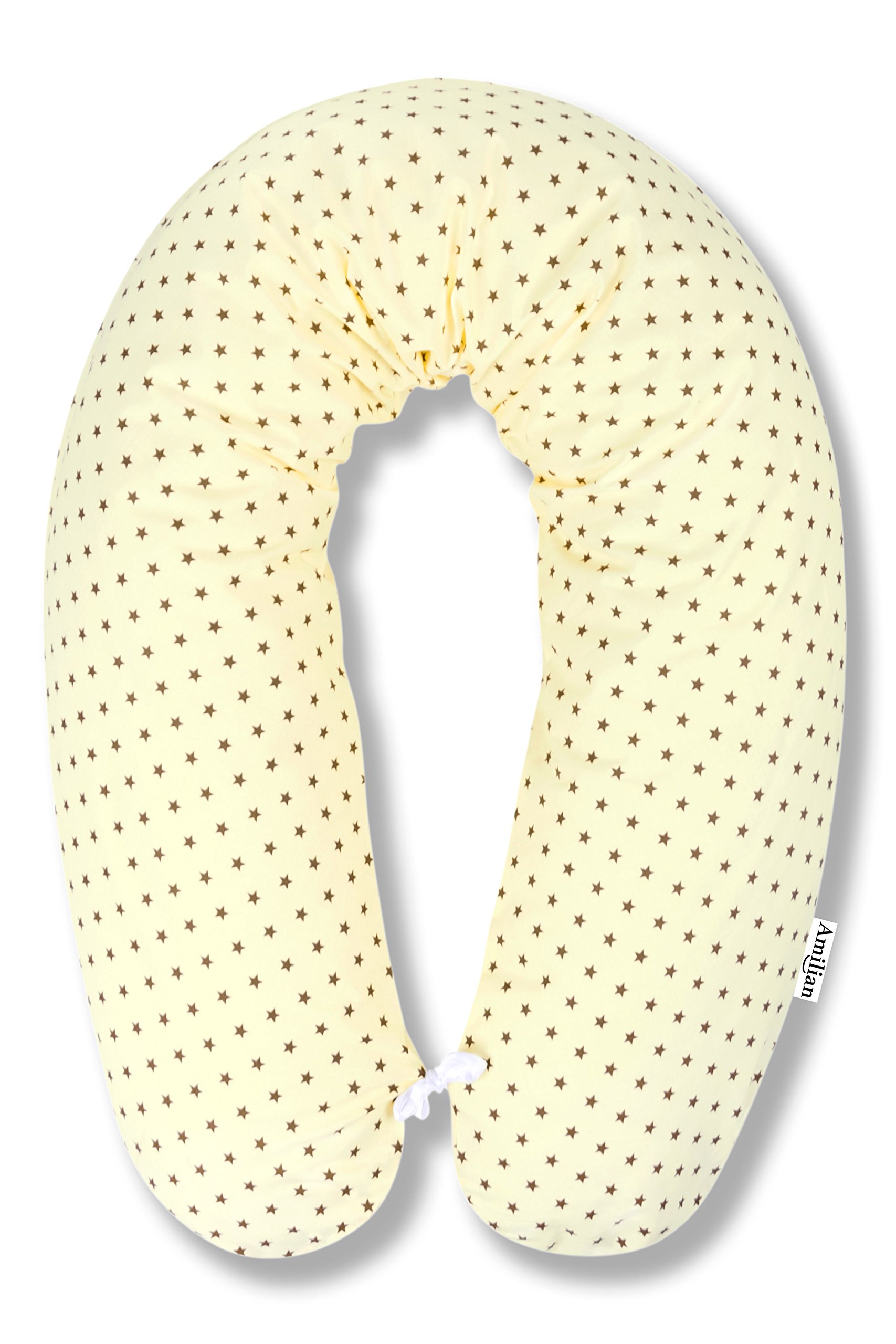Amilian® Plush Filled Baby Breast Feeding Pillow Cushion Nursing Maternity Pregnancy Universal Use For Neck/Back Support 100% hypo-Allergenic Star Print Ecru + Removable 100% Cotton Cover XXL 170 cm
