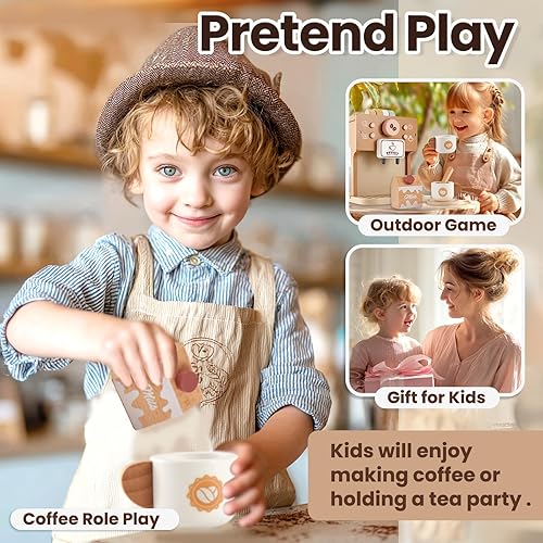Vista 7 de BUYGER Cafetera de juguete para niños, juego de café de madera, juego de juegos de simulación, accesorios de cocina, regalos para niños de 3, 4 y 5