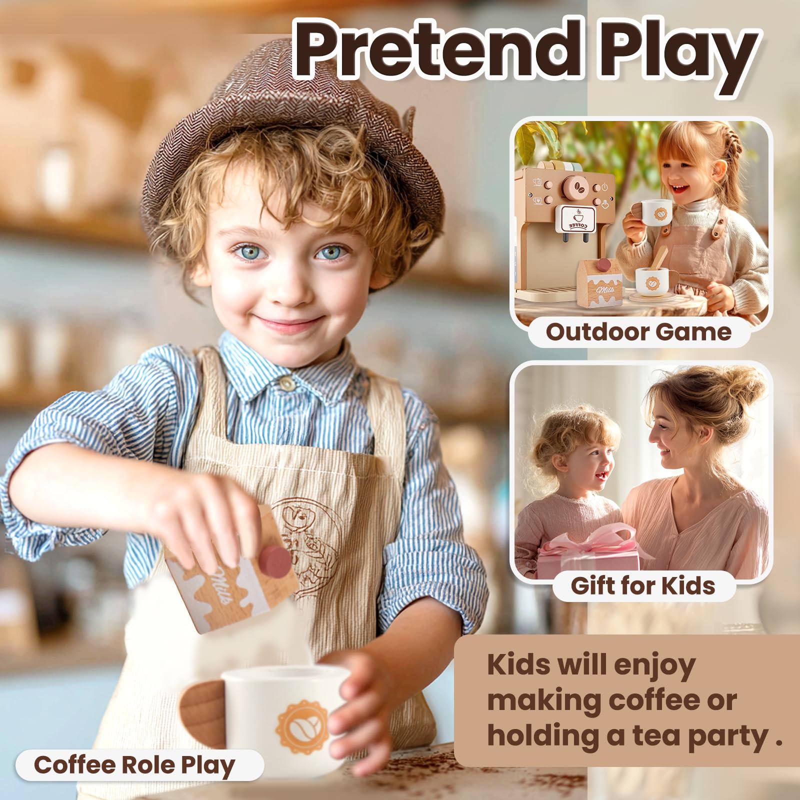 Buyger Utensilios de Cocina de Madera, Cafetera Madera Juguete Niños, Juego de rol de Barista, Juguete de Té, Regalos de Cumpleaños para Niños Niñas 3 4 5 Años