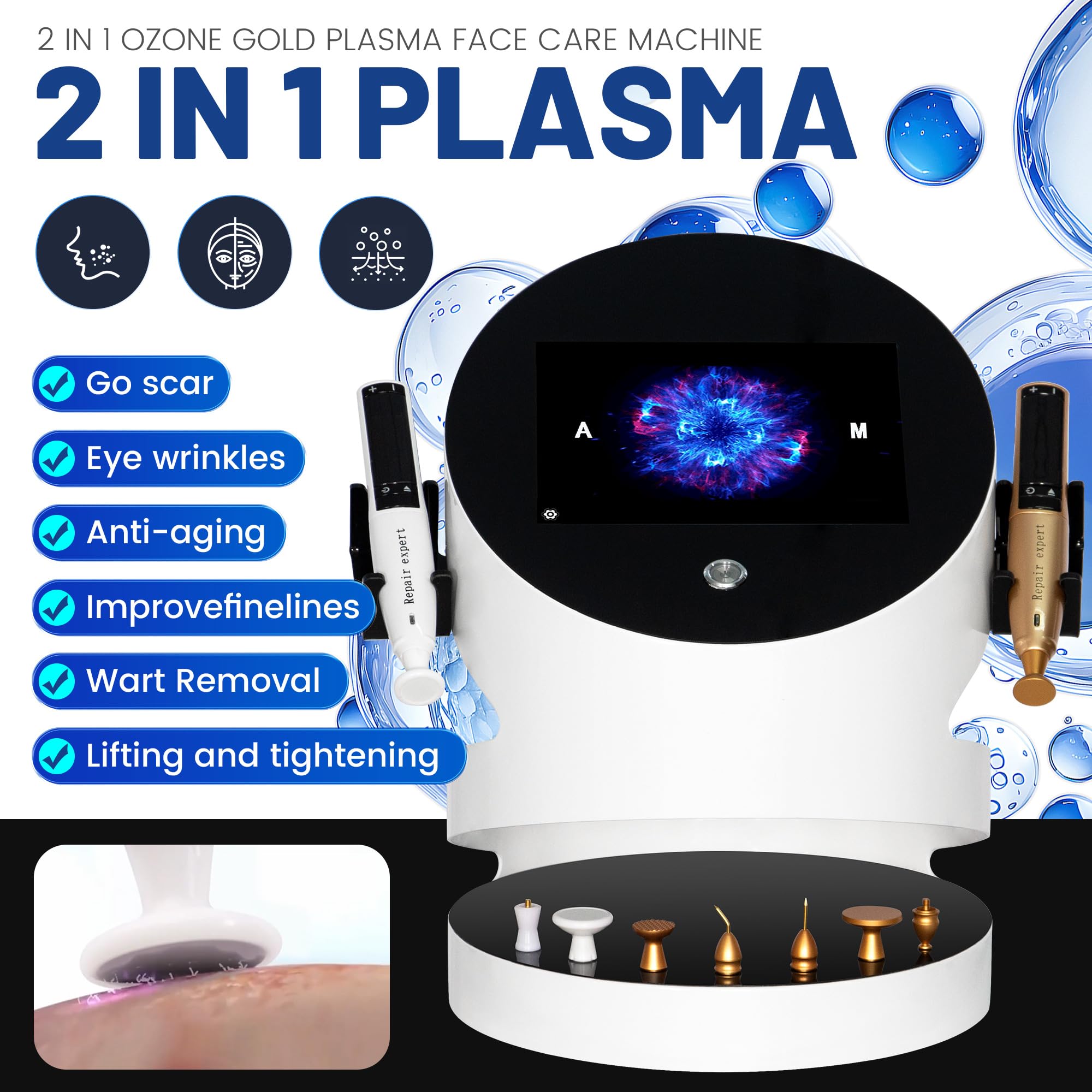 Macchina viso al plasma 2 in 1 con ozono e manipolo dorato