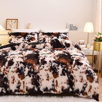 Aimuan Cow Print Duvet Cover Shaggy Fluffy Tie Dye Brown Black Velvet Bedding Set Super Soft Faux Fur Fuzzy Comforter Cover with Pillowcases Coffee-Black, Queen