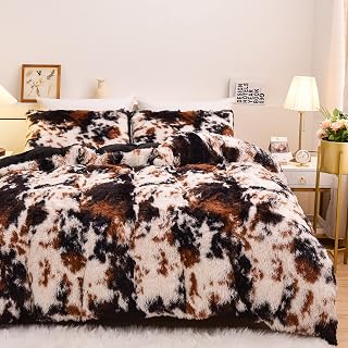 Aimuan Cow Print Duvet Cover Shaggy Fluffy Tie Dye Brown Black Velvet Bedding Set Super Soft Faux Fur Fuzzy Comforter Cover with Pillowcases (Coffee-Black, Full)
