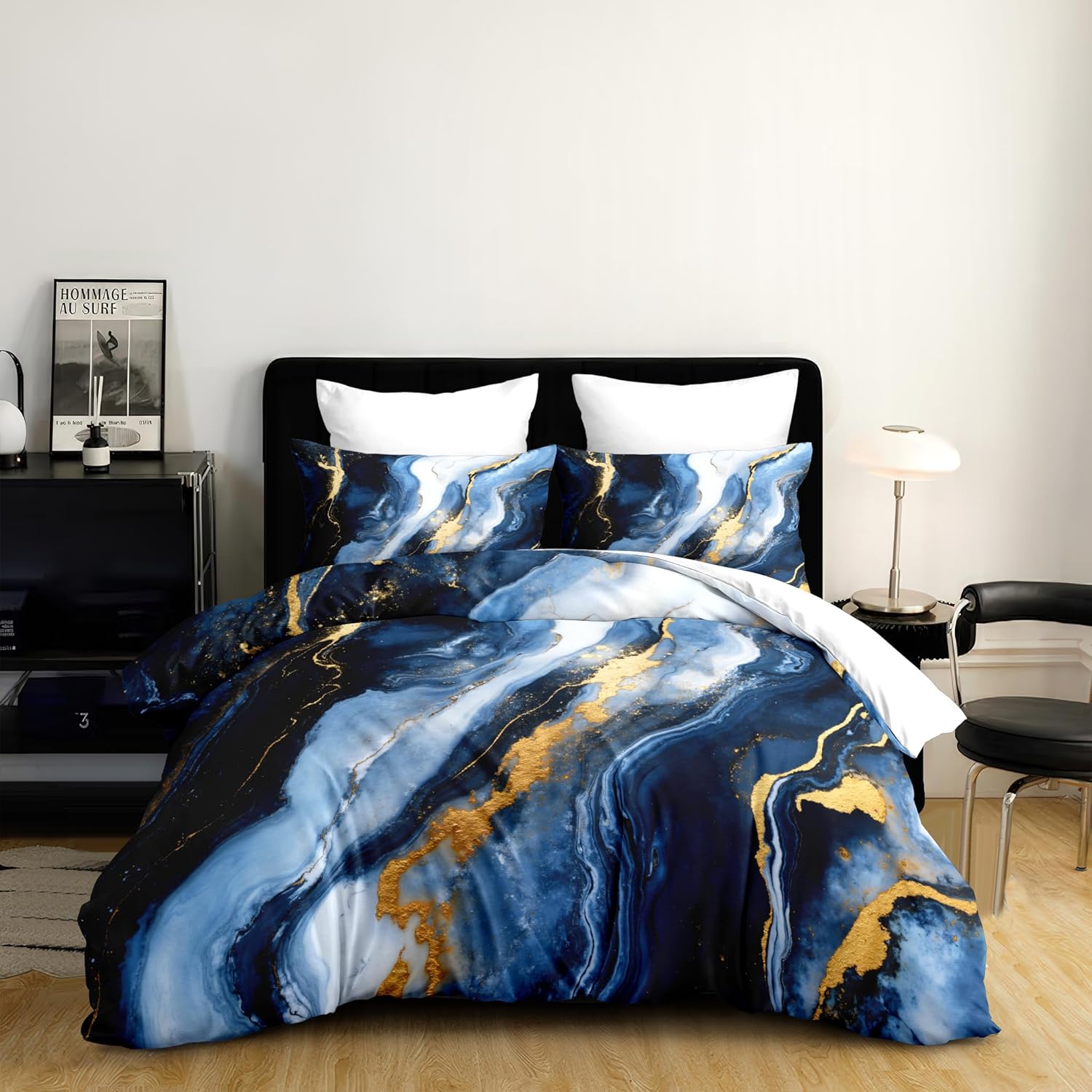 Blue Marble Comforter Set King Size Golden Marble Textured Comforter Abstract Modern Stone Like Marbling Soft Breathable Microfiber Bedding Set 3 Pcs for Bedroom Decor