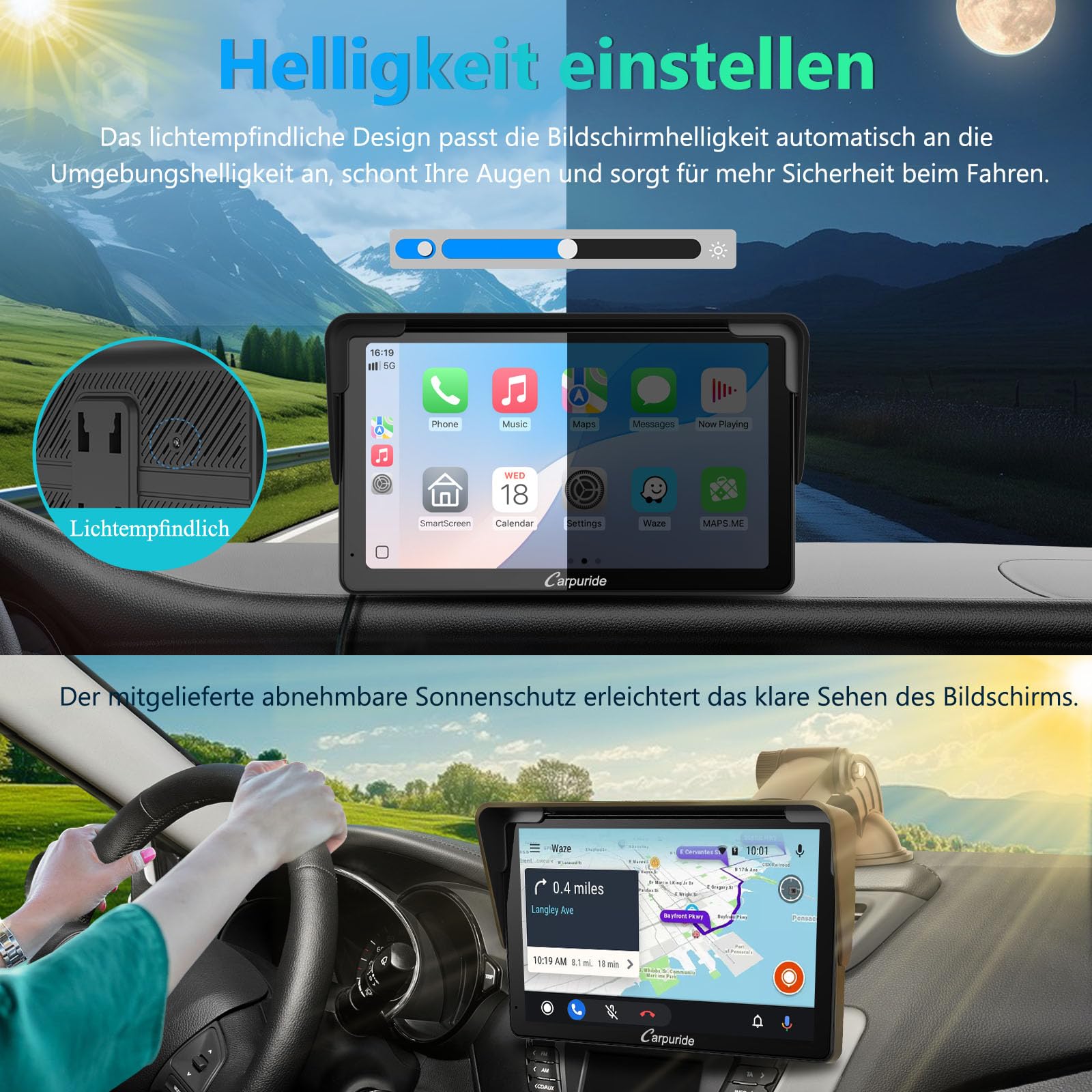 Tragbarer Carplay Bildschirm, Carpuride V3R Kabelloses Airplay&Android Auto, 7 Zoll 1080P HD-Touchscreen mit echter 720P-Rückfahrkamera/BT 5.0/Mirror Link/USB-Wiedergabe/Rauschunterdrückungs-Chip AUX
