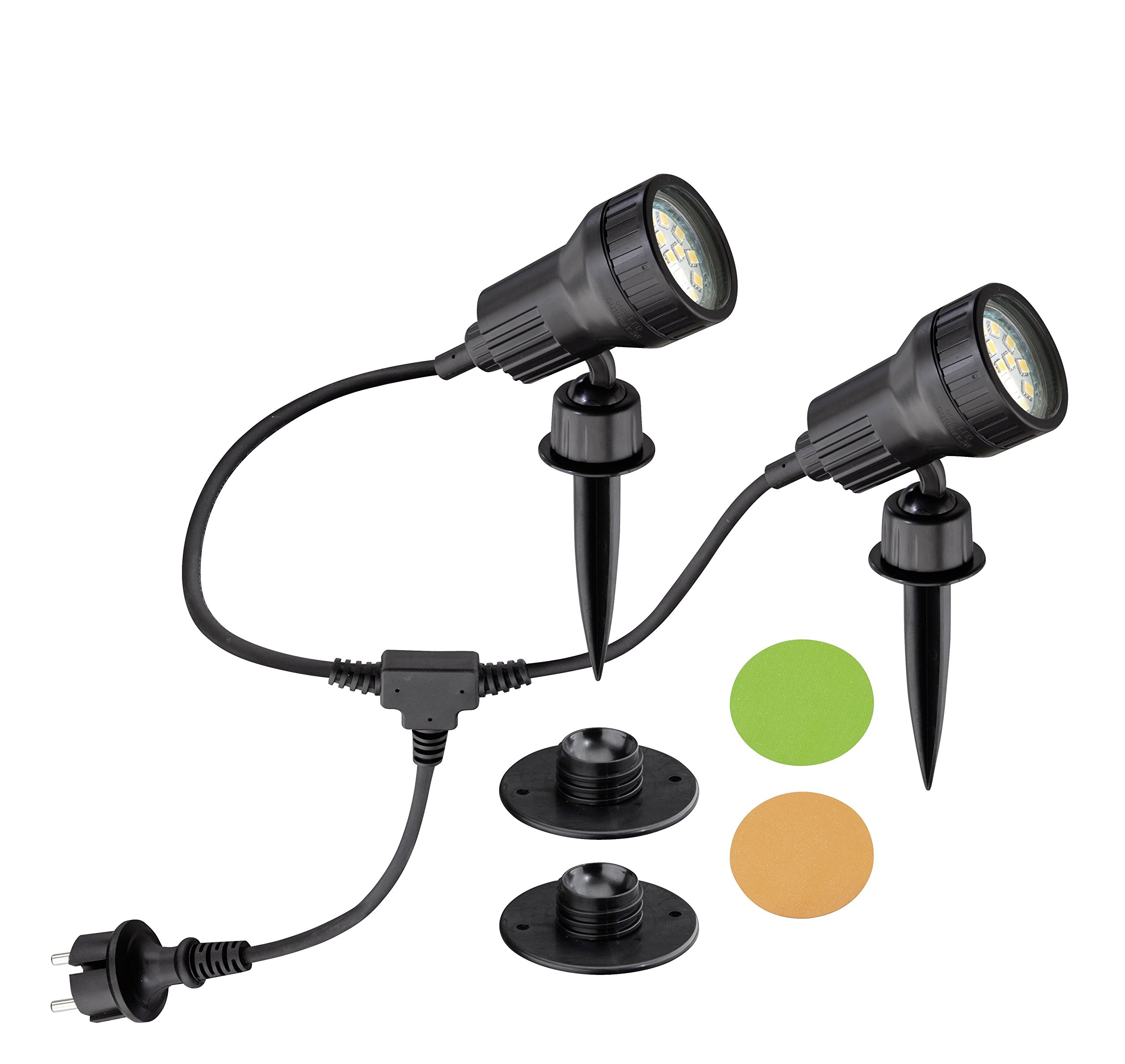 Lampa zewnętrzna, lampa ogrodowa, oświetlenie dróg, zestaw 2-częściowy, 2 x LED GU10 3 W 250 lm, w zestawie filtr kolorowy pomarańczowy, zielony, w zestawie szpikulec do wbijania w ziemię i uchwyt ścienny, głowica obrotowa i obrotowa, w zestawie przewód z