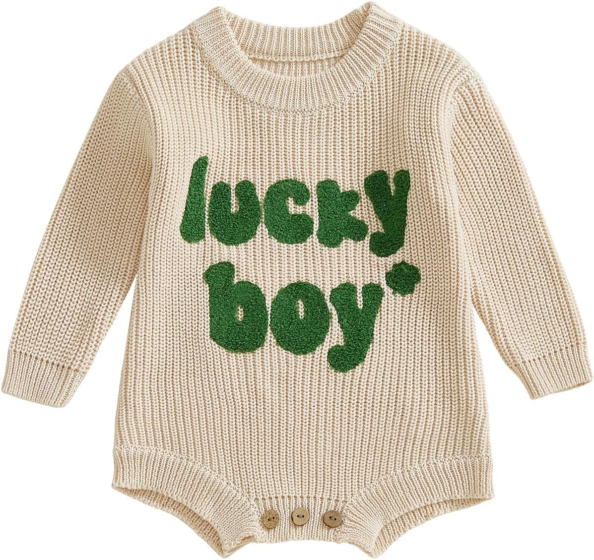 Newborn Infant Baby Boy St Patricks Day Outfit Lucky Boy Embroidery Knit Sweater Romper Long Sleeve Bubble Bodysuit