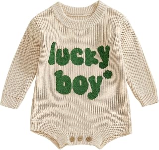 Newborn Baby Boy St Patricks Day Outfit Embroidery Knit Sweater Romper Long Sleeve Knitted Bodysuit