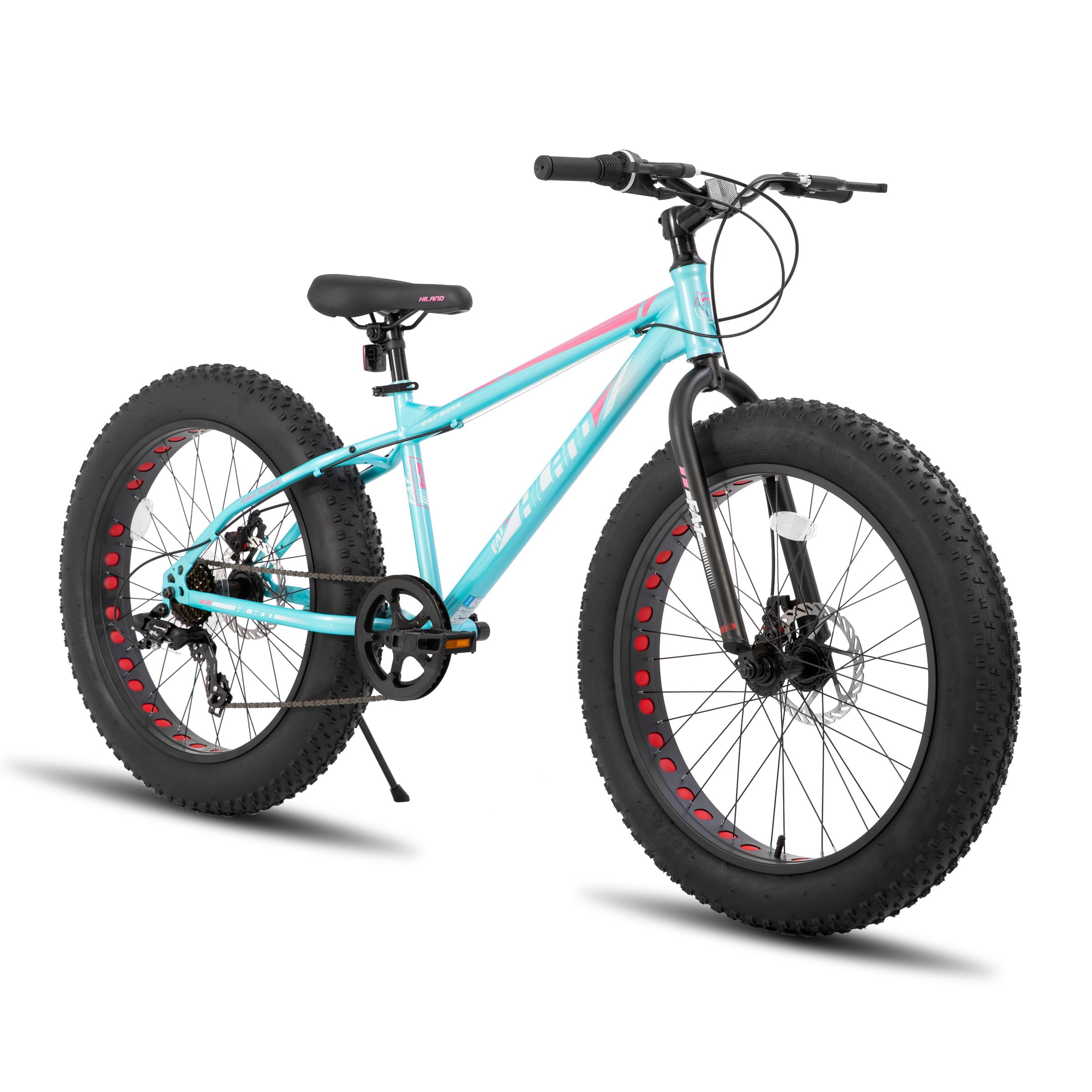HILAND 24 26 Inch Fat Tire Mountain Bike for Men and Women, High Carbon Steel Frame Beach and Snow Wide Tire Adult Bicycle, 7-Speed and Dual-Disc Brake MTB