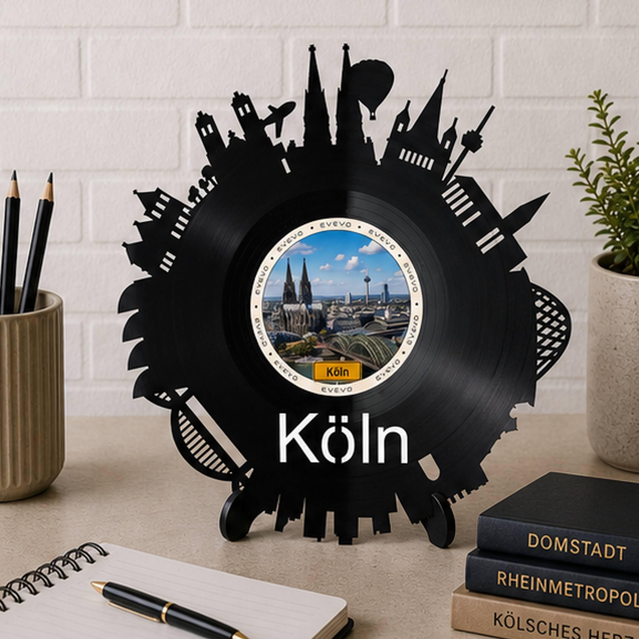 EVEVO Decorazione da parete a forma di disco di Colonia – Decorazione da parete in vinile con skyline del Reno, regalo per gli appassionati di Colonia, Dom Hohenzollerbrücke D0062