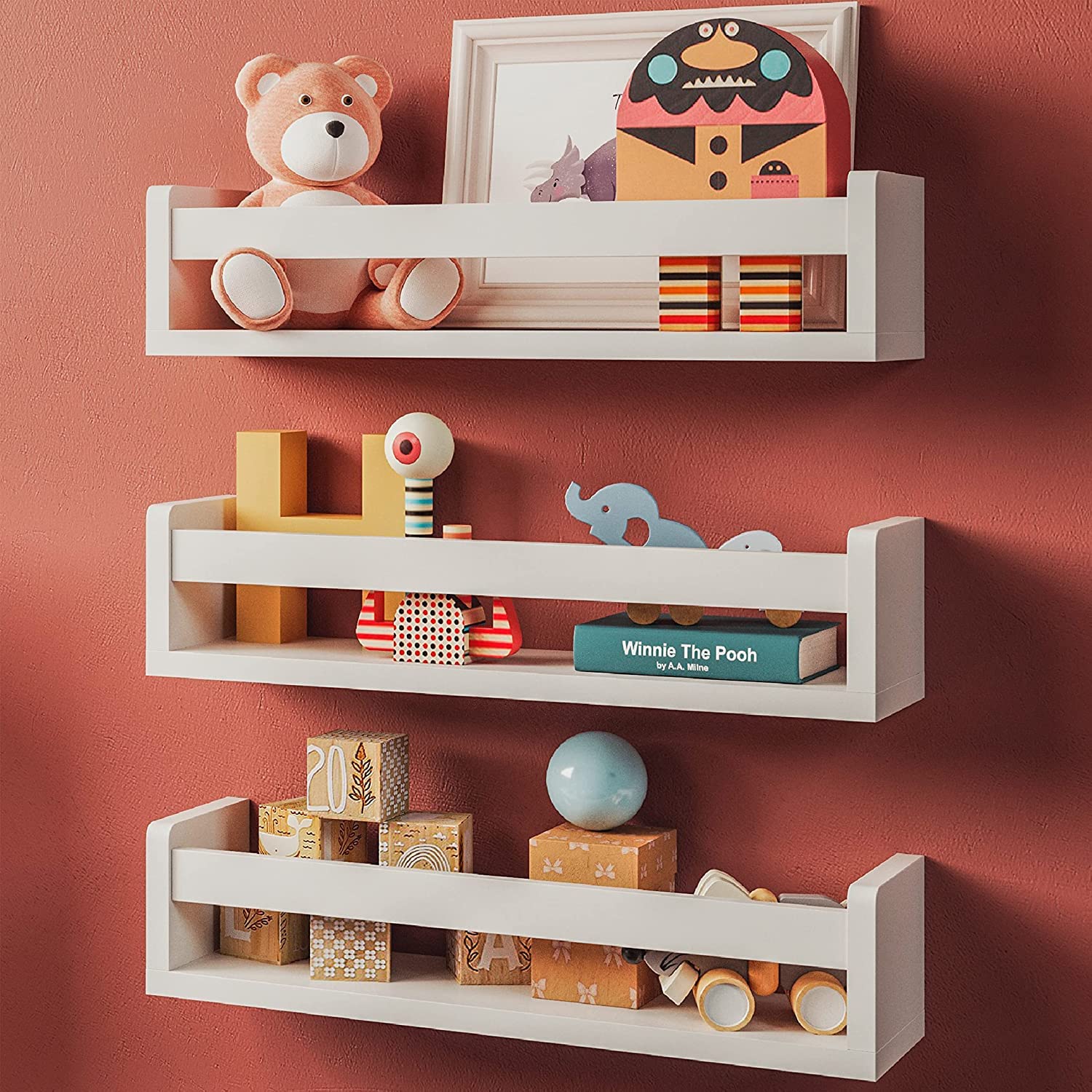 WooDinzo Engineered Wood Floating Bookshelf 24 Inches Set of 3, Wall Mounted Nursery Book Shelves, Kids Room, Kitchen Spice Rack, Book Shelf (White, Floating - Set of 3 - White - 18 Inch)