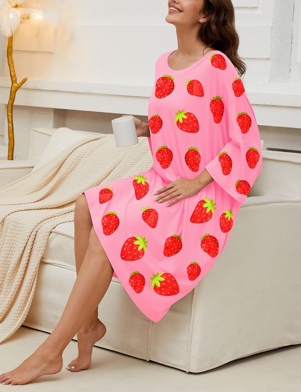 Chunoy Women Oversized Nightgown Short Sleeve Sleepwear Dress with Pockets - Image 5