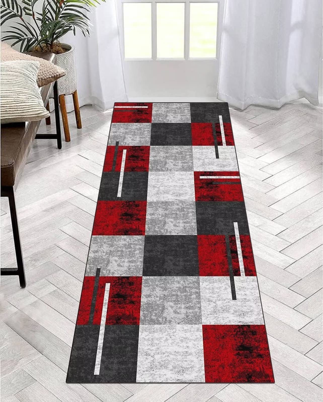 Alfombra antideslizante para pasillo, color rojo y gris, 120 x 200 cm, alfombra de pasillo moderna para cocina, sala de estar, lavable, larga, 40 a 120 cm de ancho