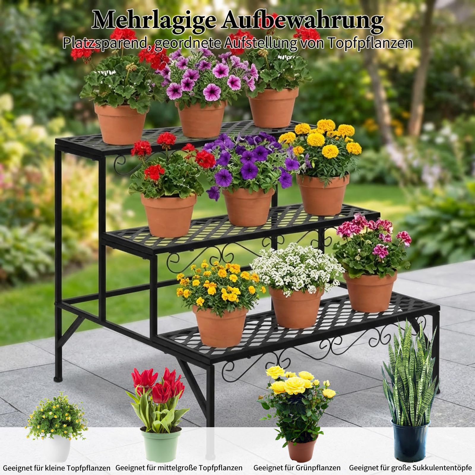 3-stöckige Metall Blumentreppe, Pflanzentreppe für Balkon Garten Wohnzimmer, wetterfestes Blumenregal als Deko, 70x60x60cm Schwarz