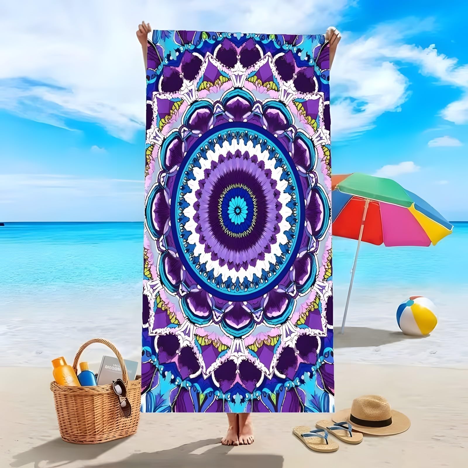 YZQGLHP Bohemian Microfibre Beach Towel Mandala Beach Bath Towel Quick Drying, Lightweight, Sand-Free, Durable, for Pool, Gym, Camping, Travel Towel 70x130cm