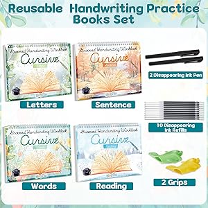 gisgfim 4 Pack Grooved Cursive Handwriting Workbook Kit Magic Reusable Grooved Handwriting Practice with Disappearing Ink Pens Cursive Kickoff Student Workbook for Kids Words Letters Sentences Reading