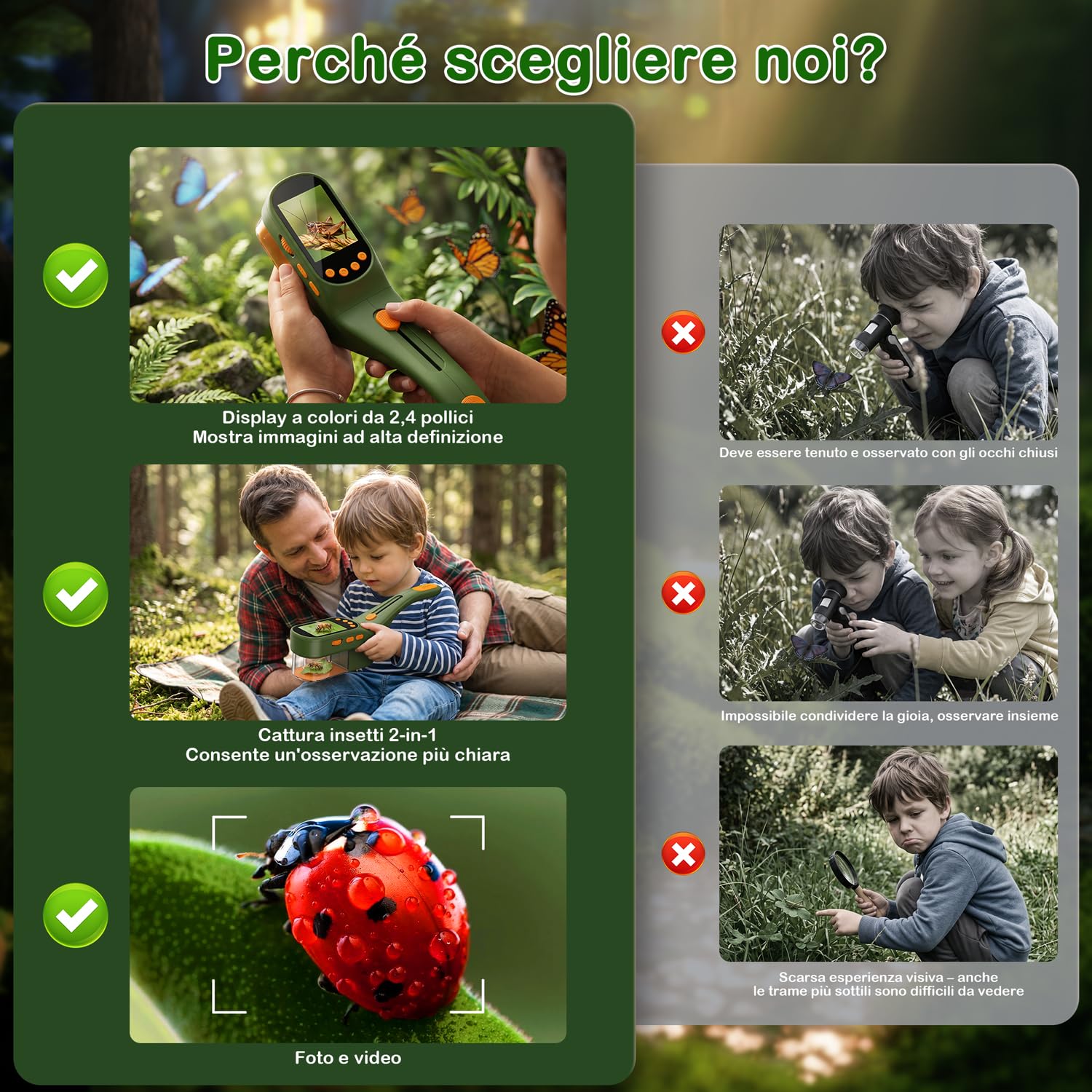 CIMELR Cattura insetti 2,4" HD microscopio – giocattolo natura per bambini | Cattura insetti batteria 1000mAh, 8 LED, fotocamera 1080P, proiezione PC, kit STEM 3-12 anni