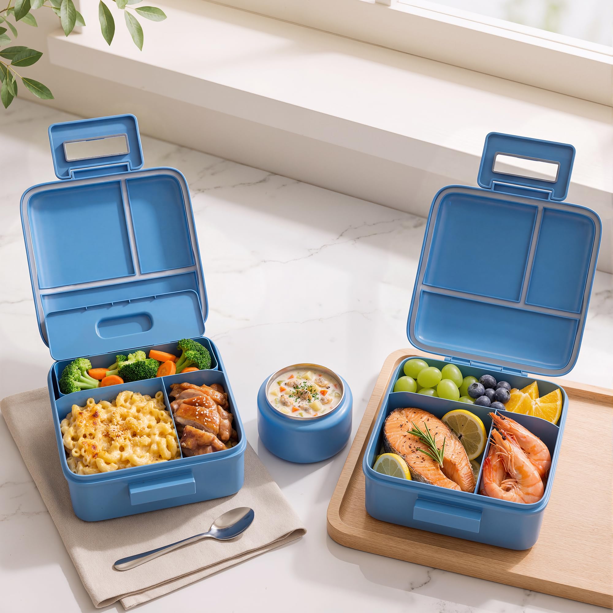 MAISON HUIS Bento-Lunchbox mit 237 ml Suppen-Thermo, 5 Fächern, auslaufsicherer Behälter, Thermobehälter für heiße Speisen und isolierte Lunchtasche, BPA-frei, für Reisen, Schule (blau)
