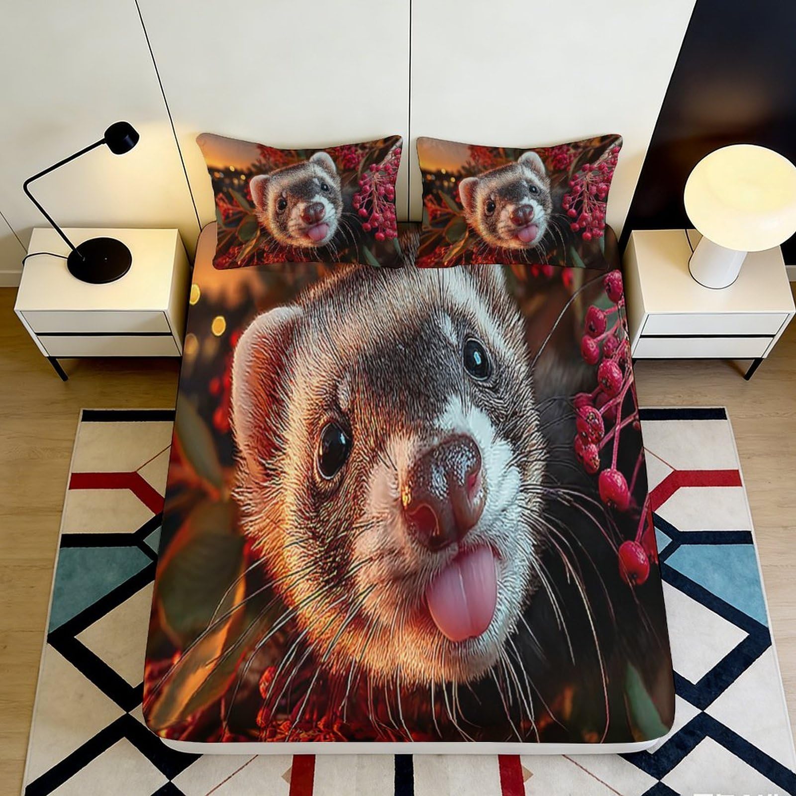 Pnayamiorkfel Style-1 3D Printed Ferret Animal Fitted Sheet Microfiber Soft Anti-Slip Berry Pattern Bed Cover For Bedroom Guest Room Decor 90X200x25cm