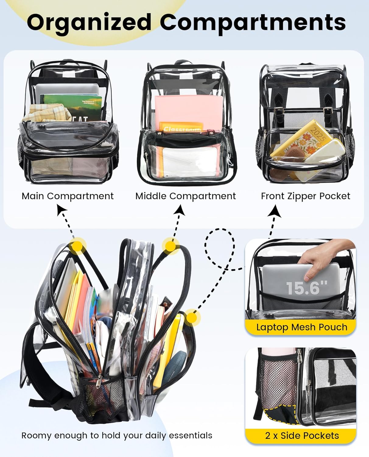 Vorspack Heavy Duty Clear Backpack - Large See Through Bookbag Transparent Backpacks for College, Work, Travel - Black - Image 3