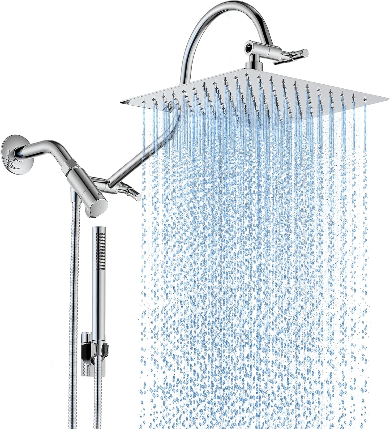 MakeFit All Metal Shower Head Combo with Handheld, 10" Square Rainfall Shower Head with Curved Extension Arm, Adjustable Dual Shower Heads with 71" Extra Long Hose, Matte Black