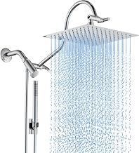 MakeFit All Metal 10" High Pressure Rain Shower Head with Handheld Combo | Square Rainfall Showerhead with Height-Adjustable Curved Extension Arm, 71" Extra-Long Hose, Chrome