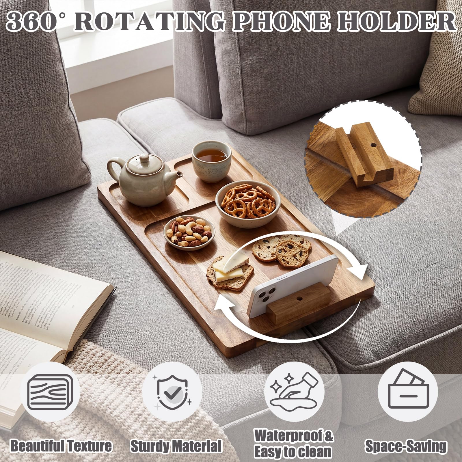 Couch vs Sofa: The Real Difference in 2026 1 Zhehao Acacia Wood Couch Tray Between Cushion with 360° Rotating Phone Holder, F — product photo