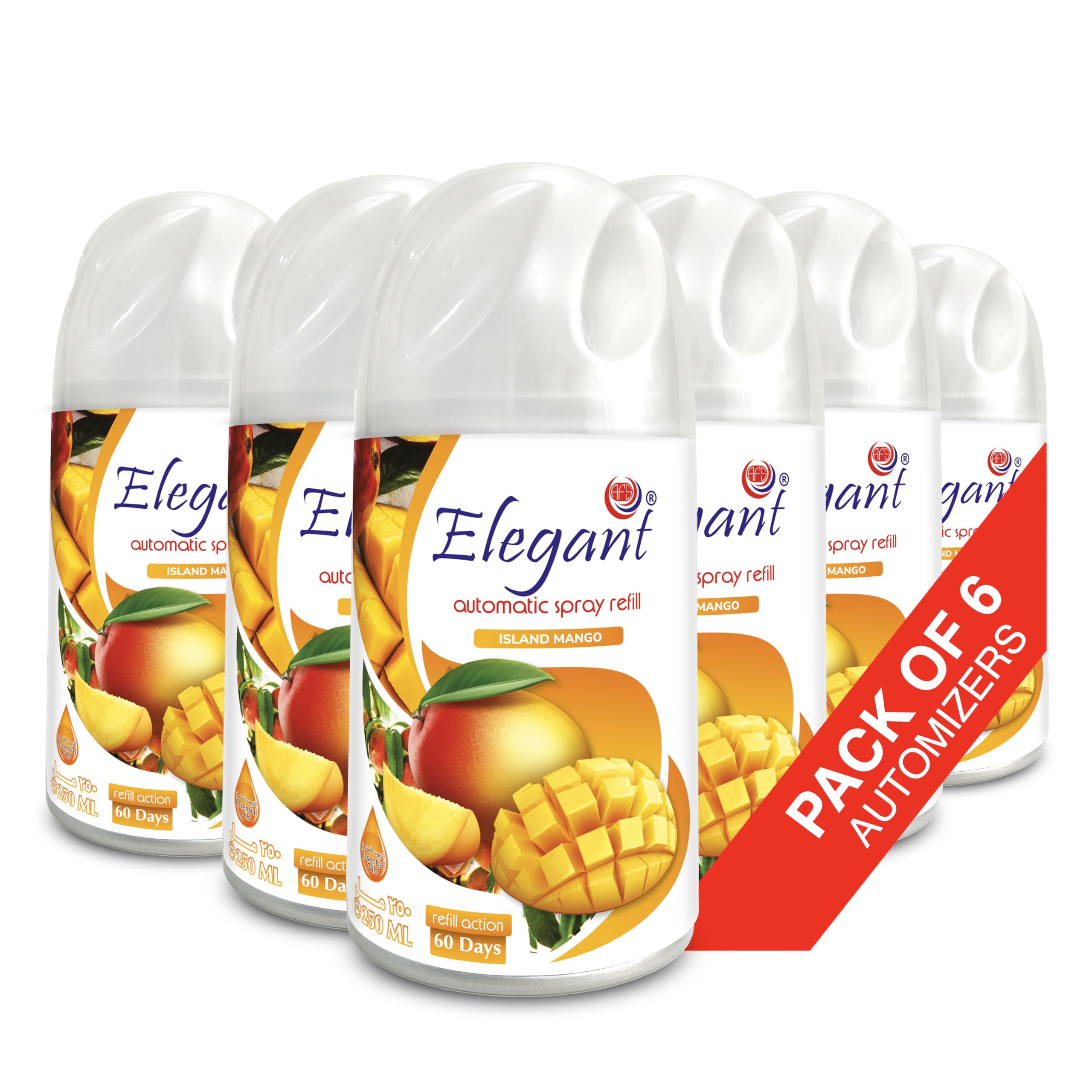 Elegant Automatic Spray REFILL – Island Mango – 250ML – Pack of 6, 6-Pack (250ML x 6 Pcs) – Air Freshener REFILL for Home And Bathroom, Made With ESSENTIAL OILS
