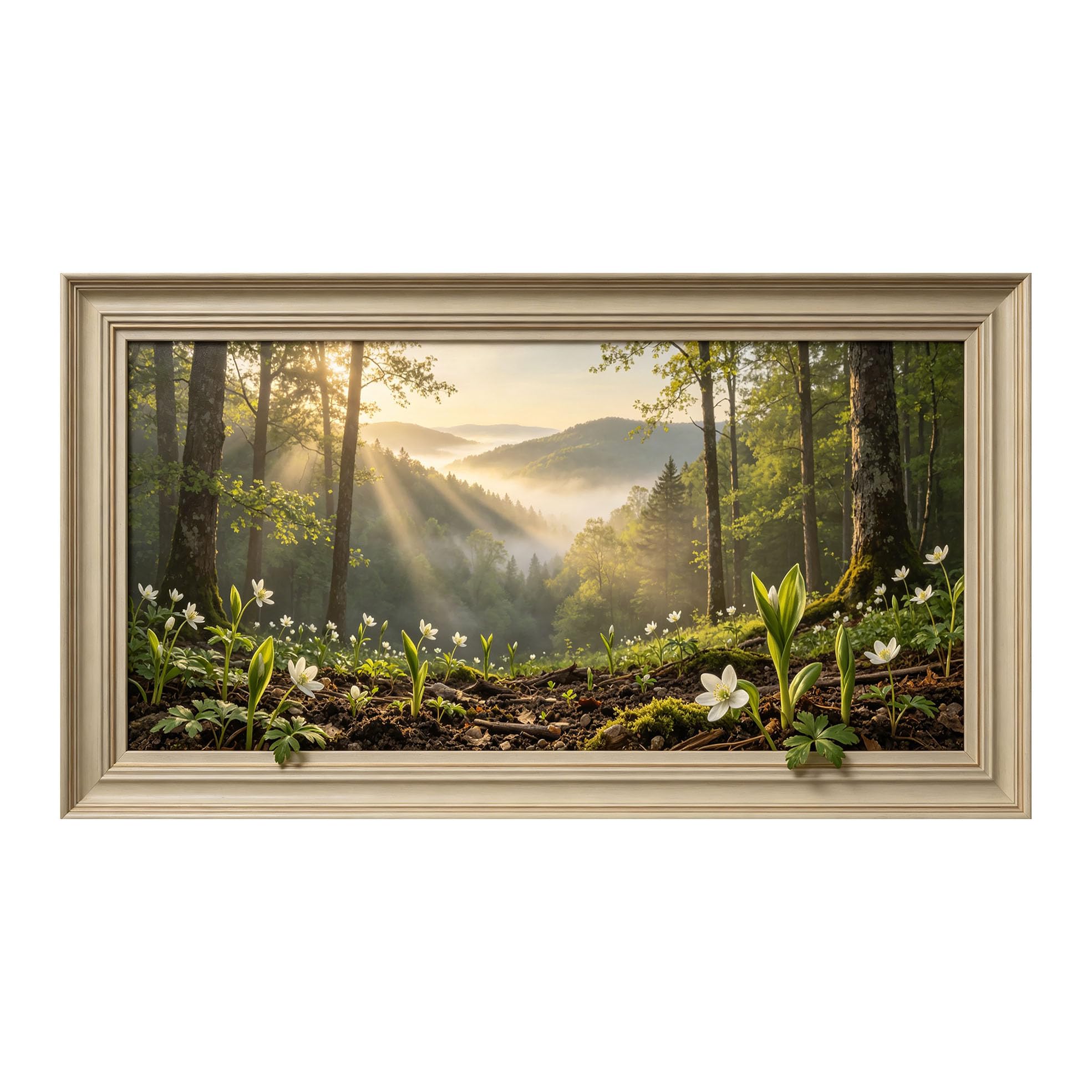 Yzpallescene 3D Framed Wall Art 50cm×100cm Morning Sunlight Mountain Forest Botanical Impressionist Large Size SelfAdhesive Removable Wall Decor Prints Artwork for Living Room Bedroom Office