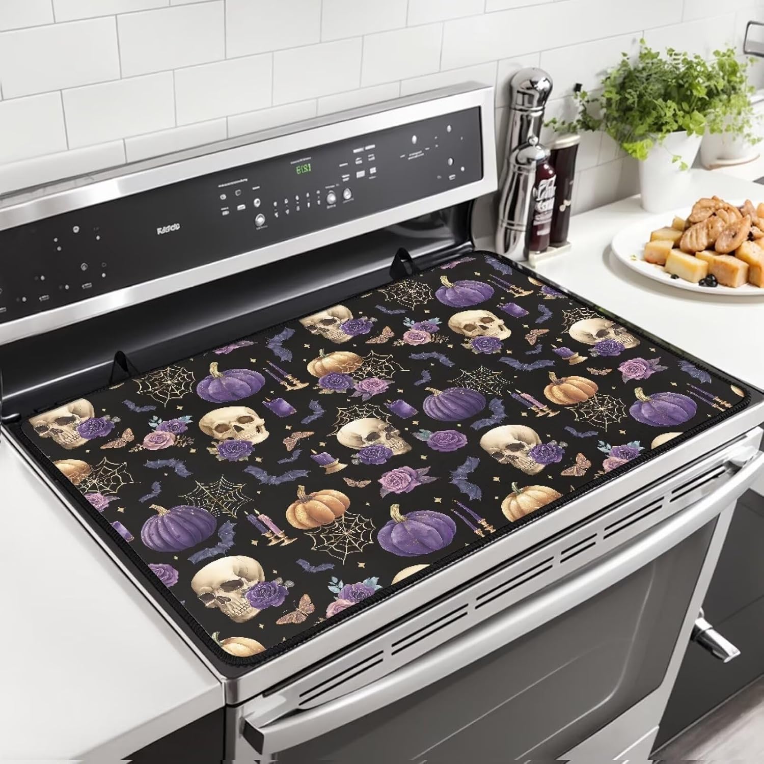 Skull Pumpkin Stove Cover for Electric Stove Top 29x 21Inch, Heat Resistant Glass Stove Top Cover Protector, Anti-slip Dish Drying Mat for Kitchen Counter Halloween Decor