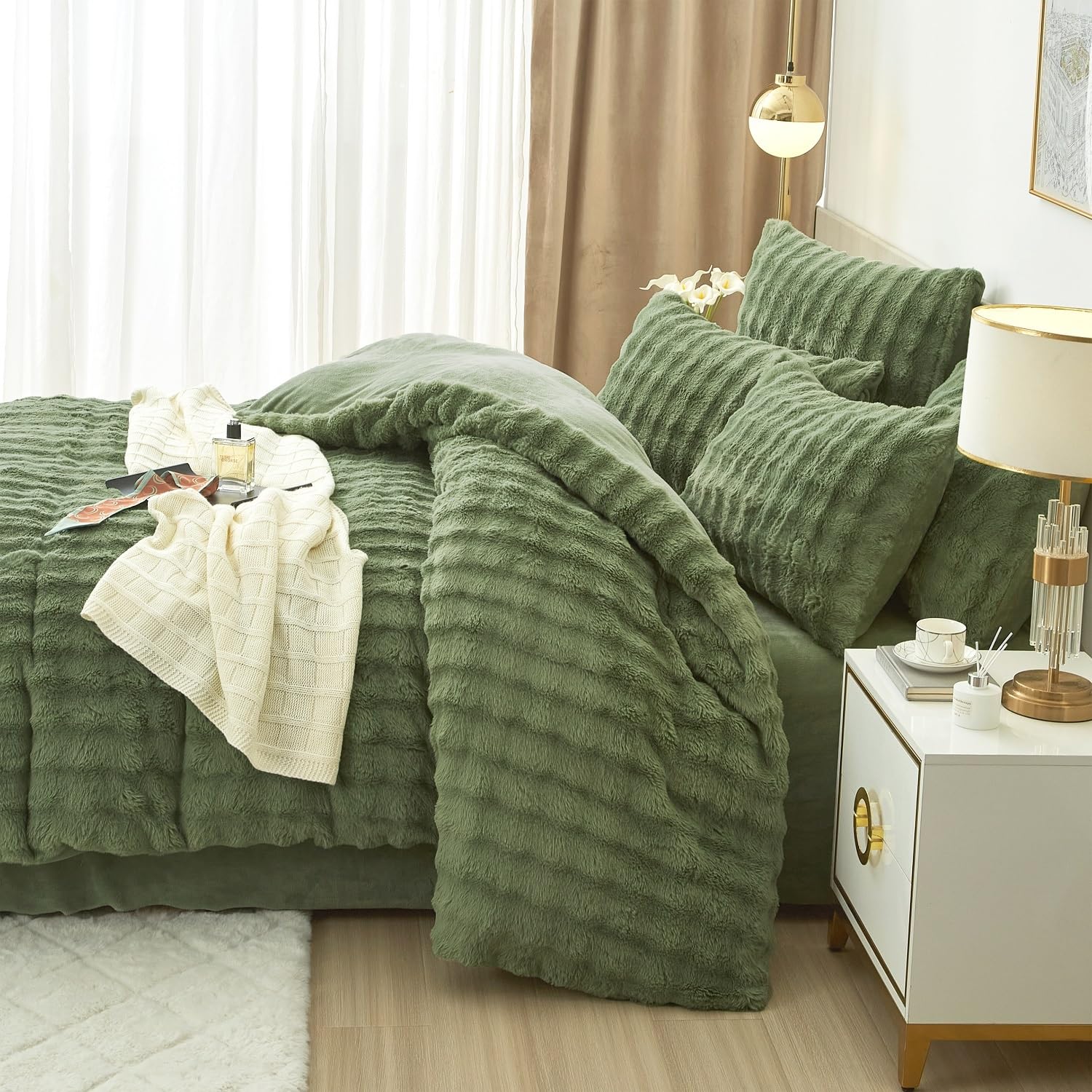 Luowei Ropa de cama de felpa de invierno de 220 x 240 cm, color verde cálido, acogedora, mullida, reversible, con cremallera y 2 fundas de almohada de 80 x 80 cm