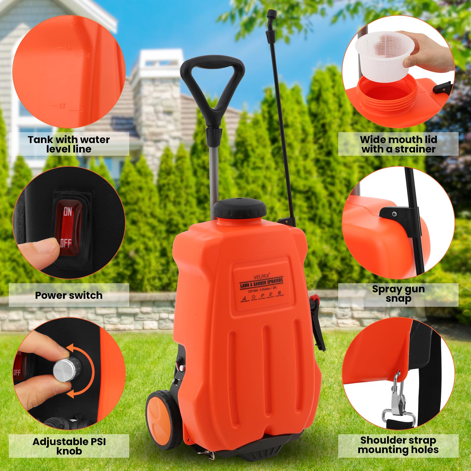 Nebulizzatore a Batteria 20L, carrello con ruote regolabile, 0-65 PSI, Atomizzatore a Spalla con 4 ugelli per diserbo, spruzzatura, pulizia, industria, commercio, medicina, ecc