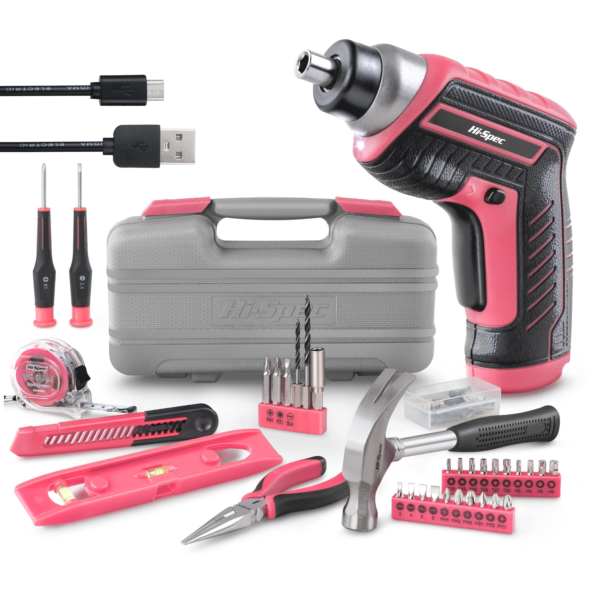 Hi Spec 35 Piece Pink Home DIY Tool Kit with USB Rechargeable 3.6V Electric Power Screwdriver. Easy Repair with Household Hand Tools \u0026 Picture Hanging