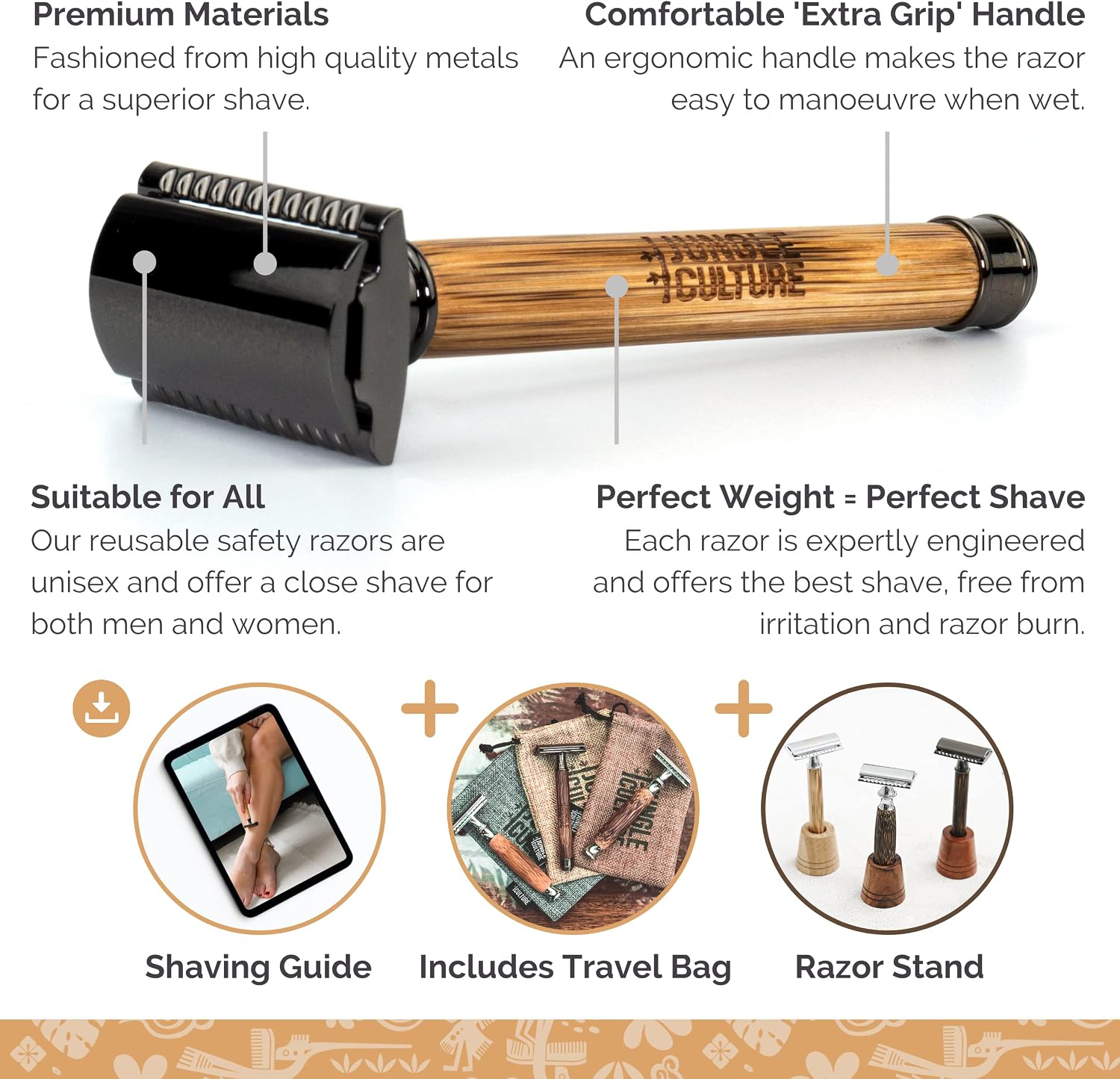 Jungle Culture® Bamboo Safety Razor for Men & Women with STAND • Premium Eco Friendly Razor & Travel Bag • Fits Double Edge Razor Blades • Single Blade Reusable Razor • Plastic Free Zero Waste • Light - Image 3
