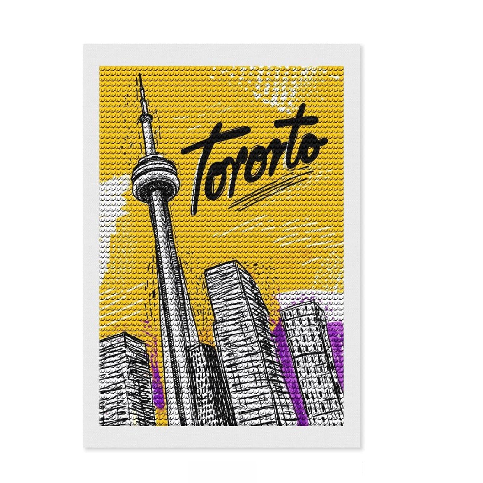 Junmoney Toronto Cityscape Illustration Full Drill Diamond Painting Kit 8"x12", Winter Craft, Modern Decor, for Women, Relaxing Handmade Project