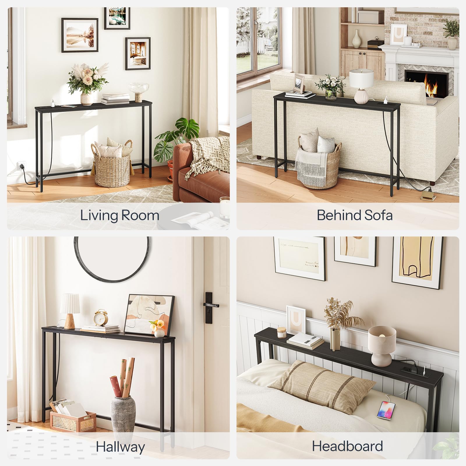 Luxstein Slim Console Table - 100cm Adjustable Height Sofa Table With Charging Station, 15cm Width, For Living Room & Small Spaces