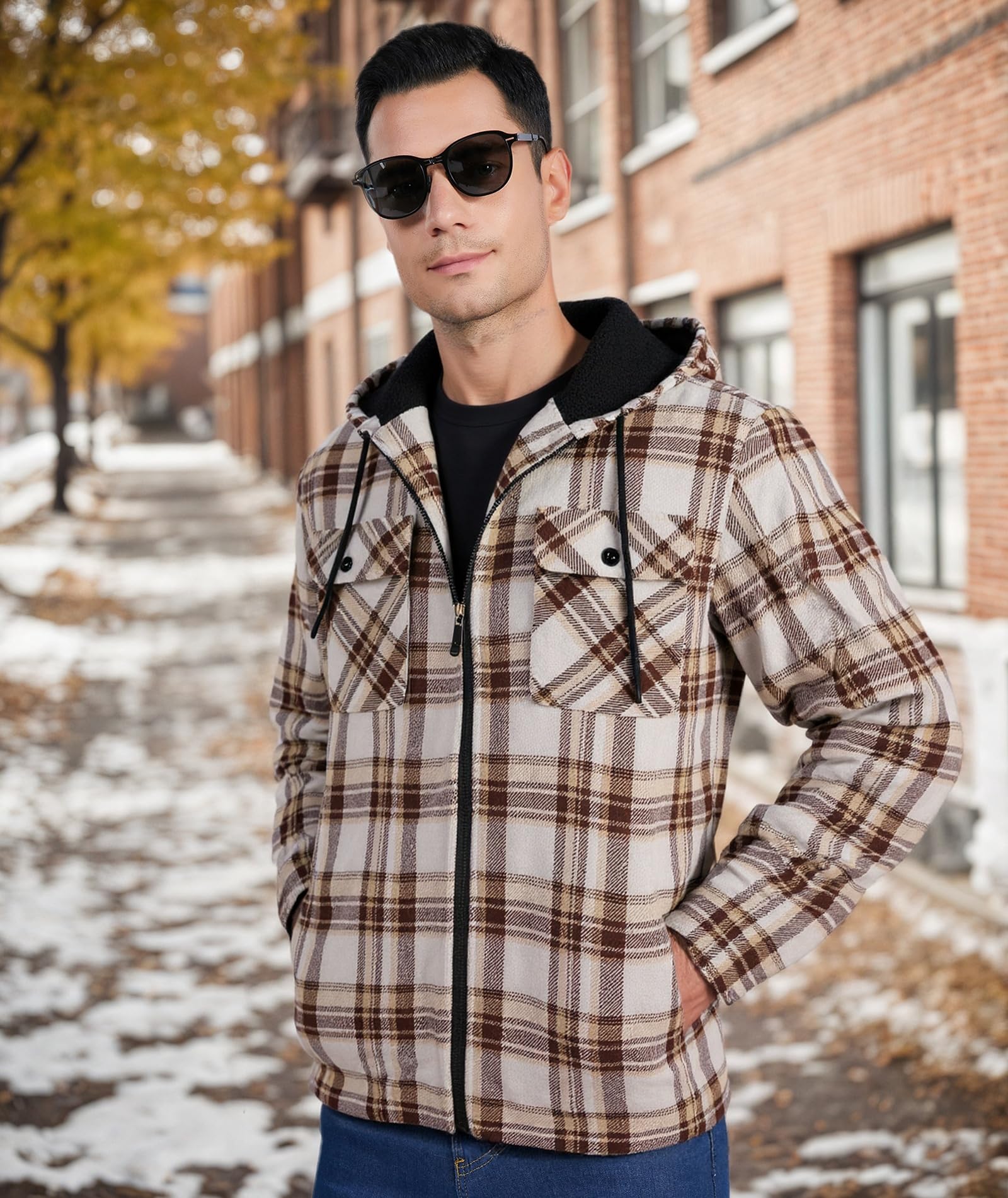 JACKETOWN Herren Fleecejacke Flanell Hemdjacke mit Kapuze Übergangsjacke Warm Gefüttert Kariertes Holzfällerhemd Winterjacke mit Taschen Casual Outdoor Mantel für Herbst Winte