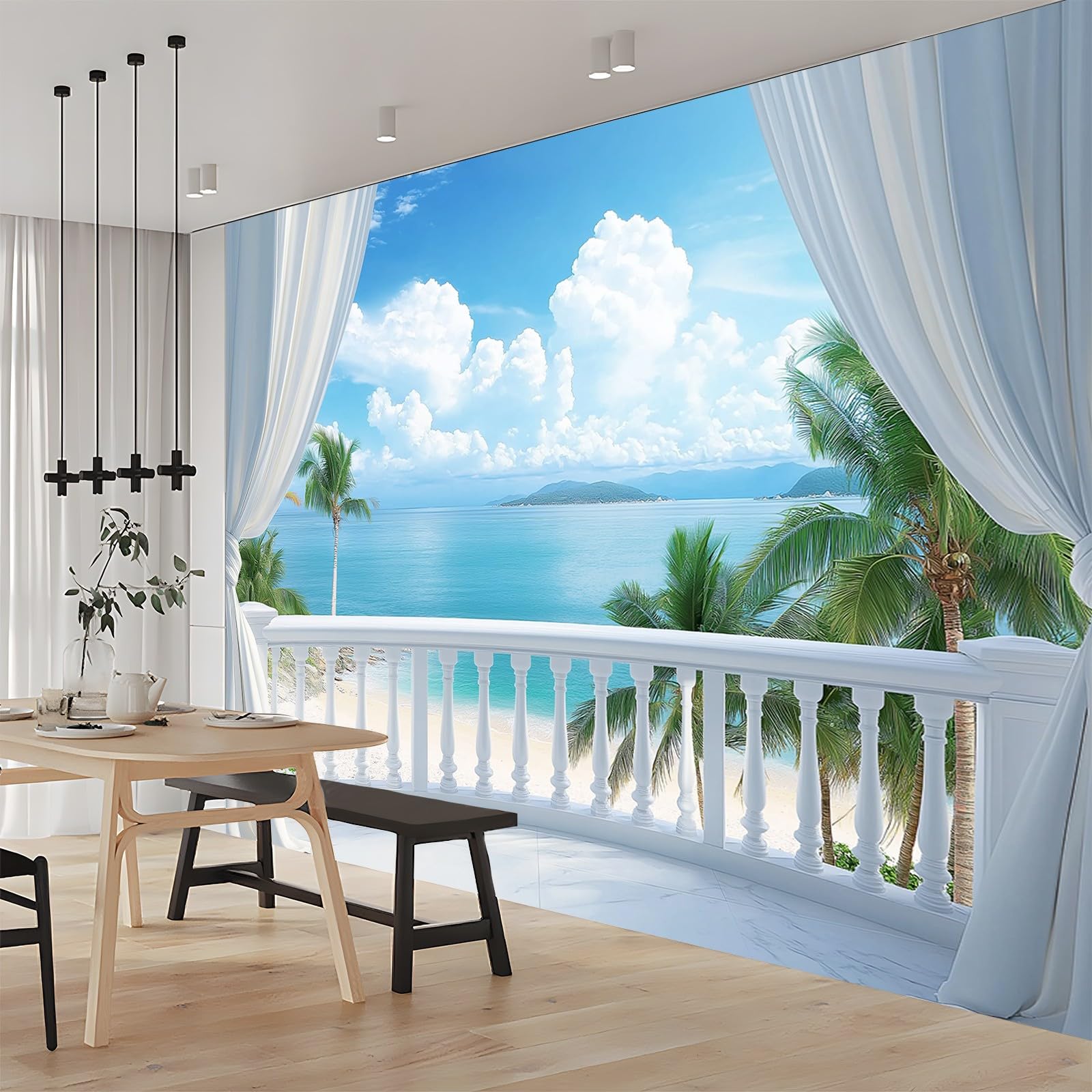 Fototapete 3D Balkon Meerblick Aus Dem Fenster Blau 300x210 cm Vliestapete Wandbild Fototapeten Vlies Tapeten Wandtapete Schlafzimmer Wohnzimmer Kinderzimmer Moderne Wanddeko