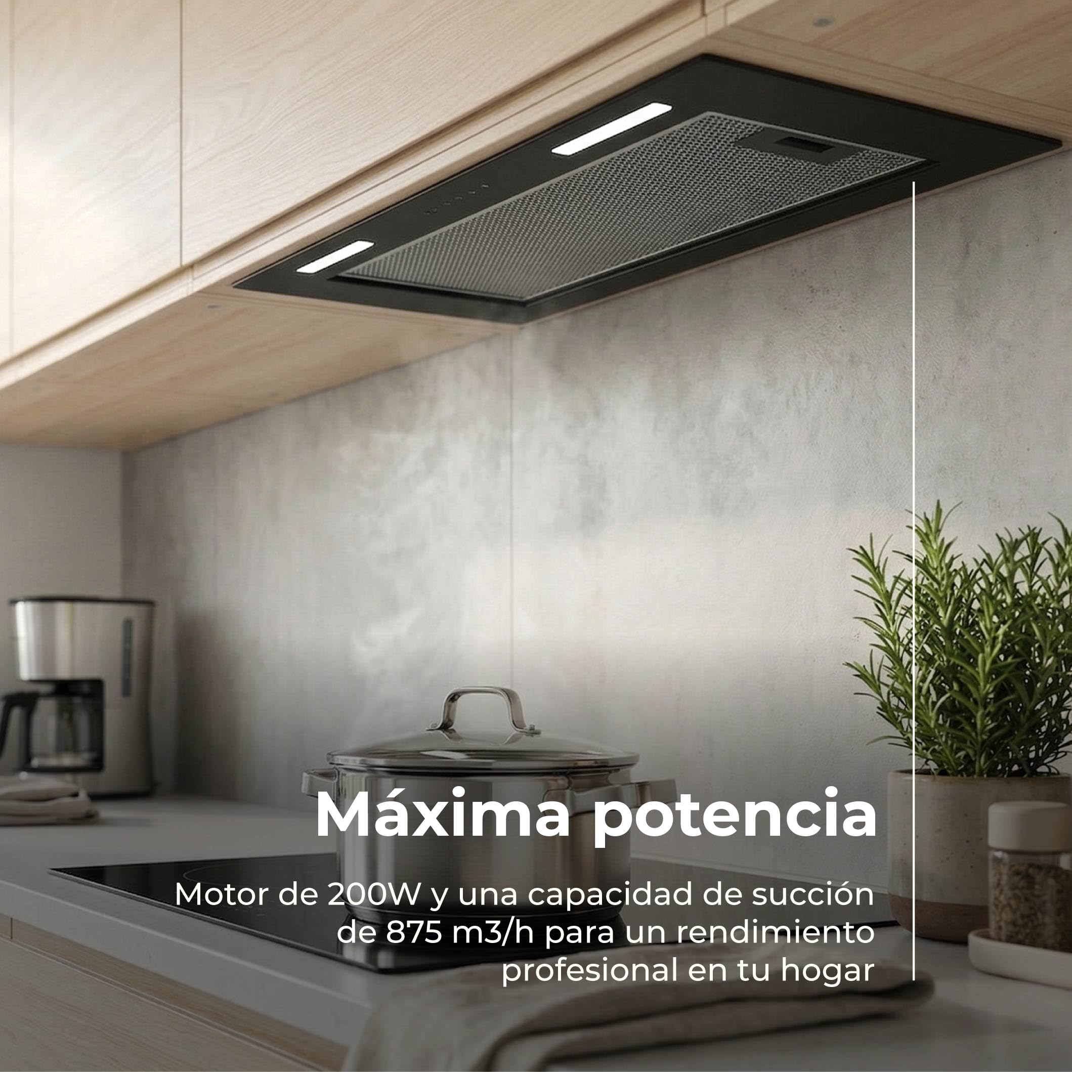 EVVO CEi52 Black - Campana Extractora 60 cm Integrable, Succión 875 m3/h, Motor 200W, Extractor de Cocina con Filtro Carbón y Aluminio, Campana Extractora Negra Silenciosa