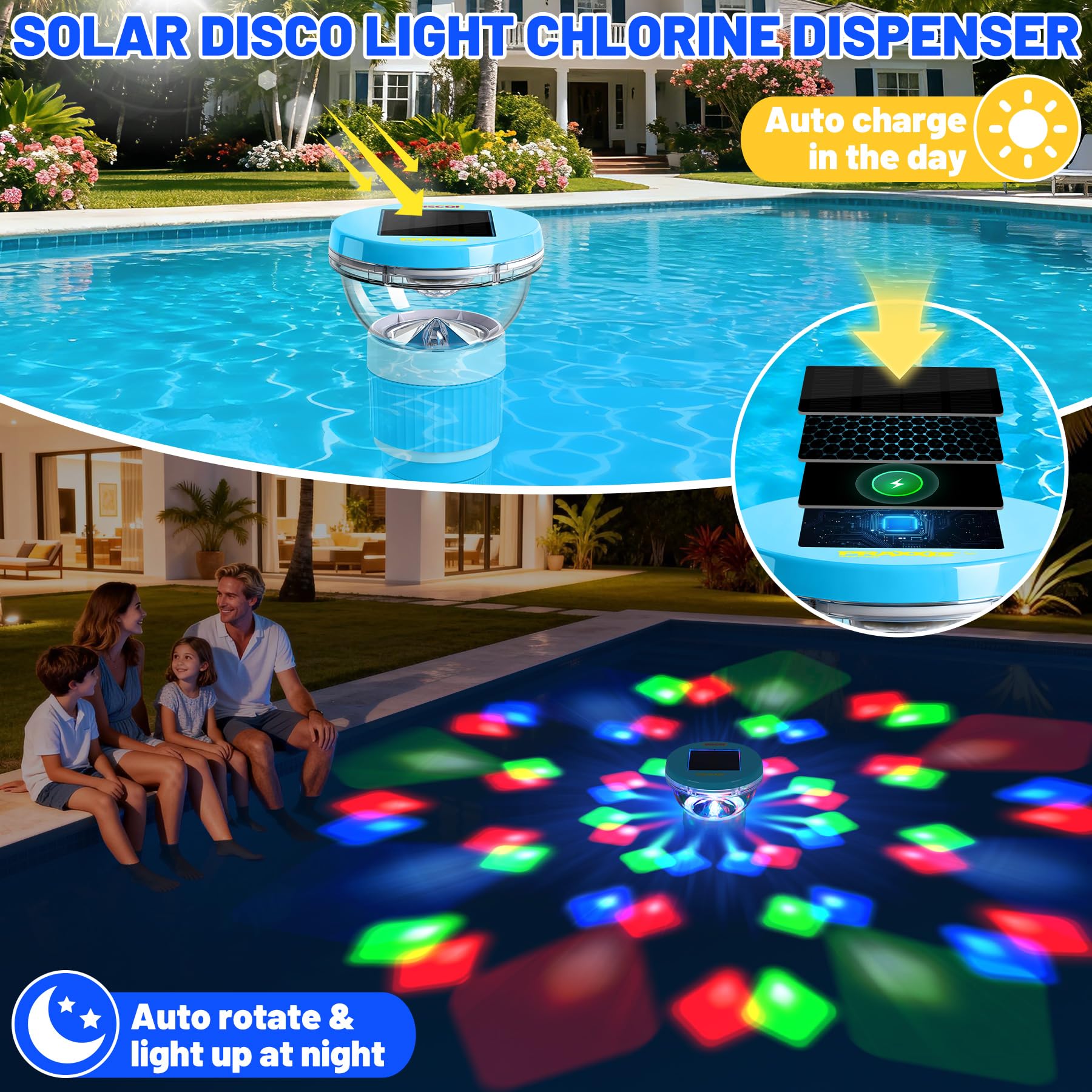 PRAXXIS Galleggiante solare per cloro con luce rotante da discoteca, flusso regolabile, dispenser di cloro galleggiante per piscina, galleggiante per cloro per piscina, galleggiante per cloro per