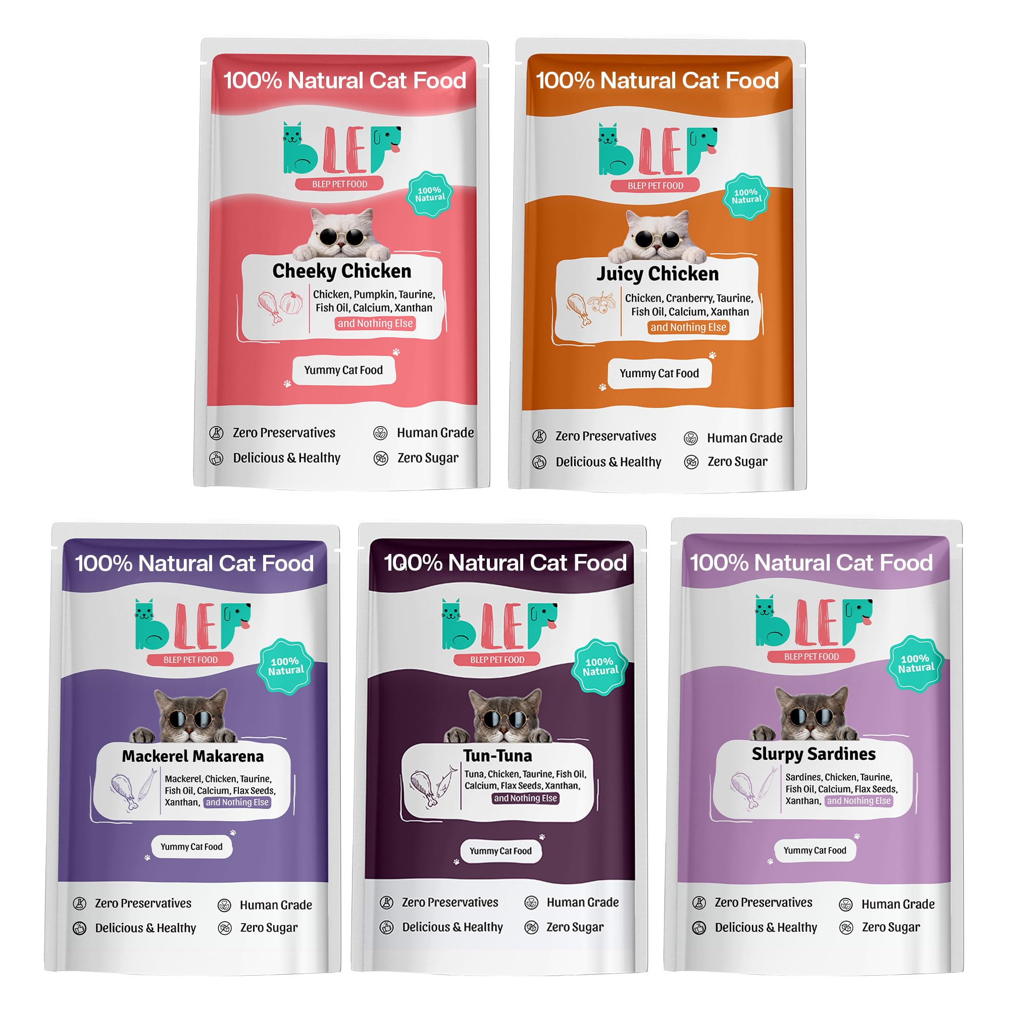 BLEP All Recipes 100% Natural Wet Cat Food | 50g x 5 Packs | Tuna, Mackerel, Sardine, Juicy Chicken & Cheeky Chicken | Human Grade, Zero Preservatives | High Protein Meal for Kittens & Adult Cats