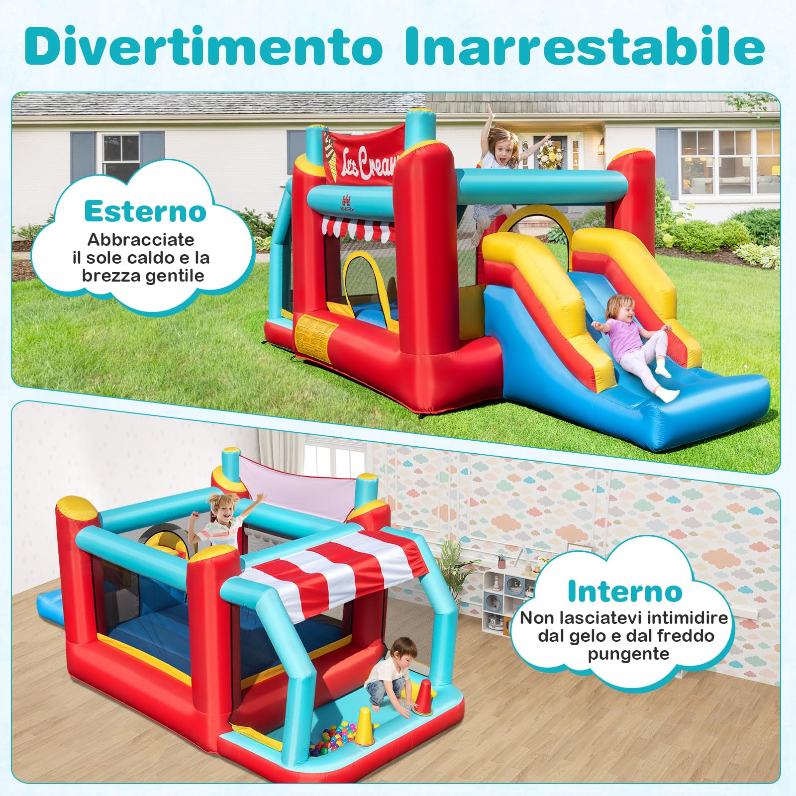 COSTWAY Castello Gonfiabile 5 in 1 per Bambini di Tema Gelato, Castello Gonfiabile con Scivolo, Canestro, Trampolino e Vasca, Gioco Gonfiabile con Anelli e Palline per Interno ed Esterno