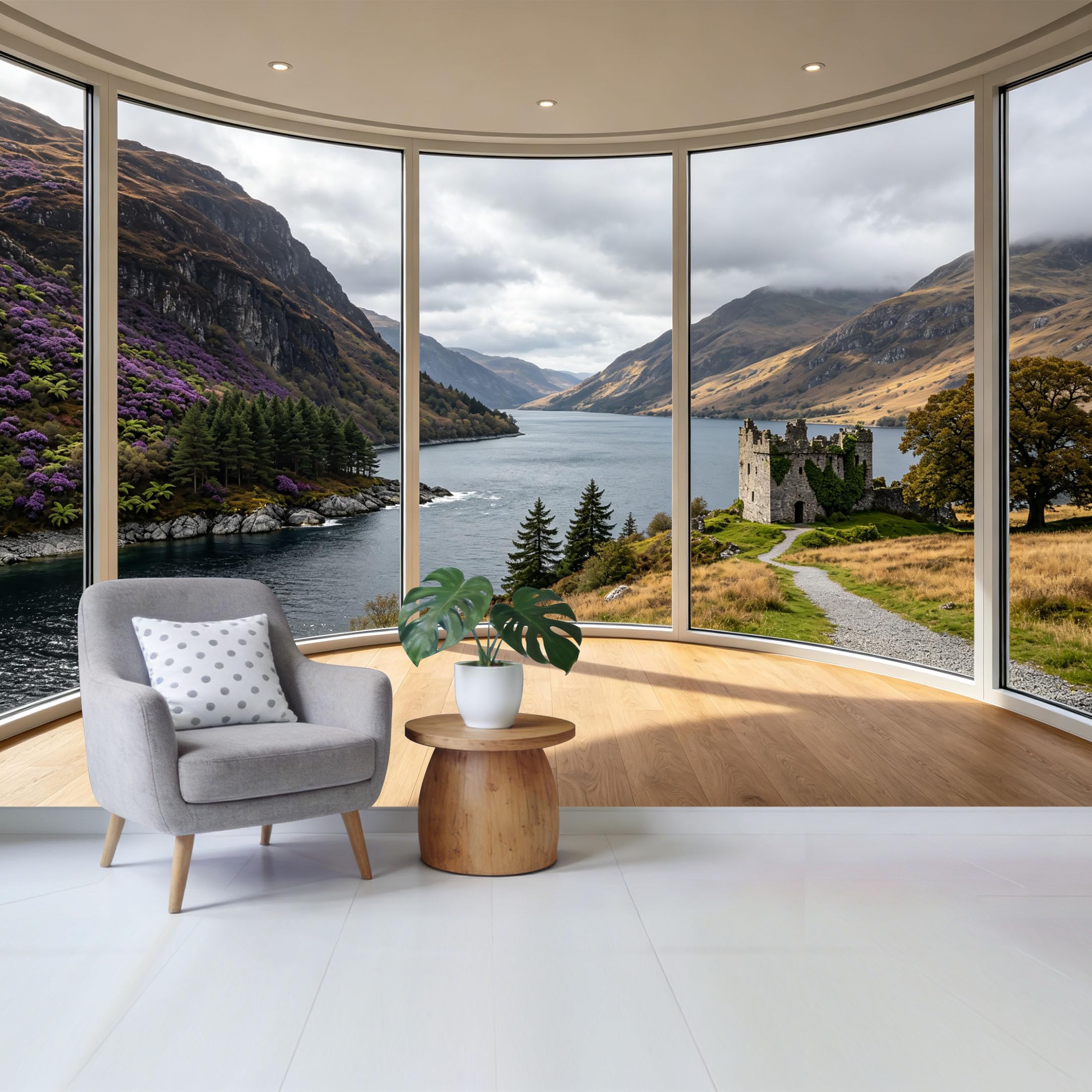 Removable Self Adhesive Fabric Mural， Highland Castle Lake Landscape Custom Size Wall Covering， UV Protected Waterproof Washable Wall Decor for Living Room Bedroom Bathroom