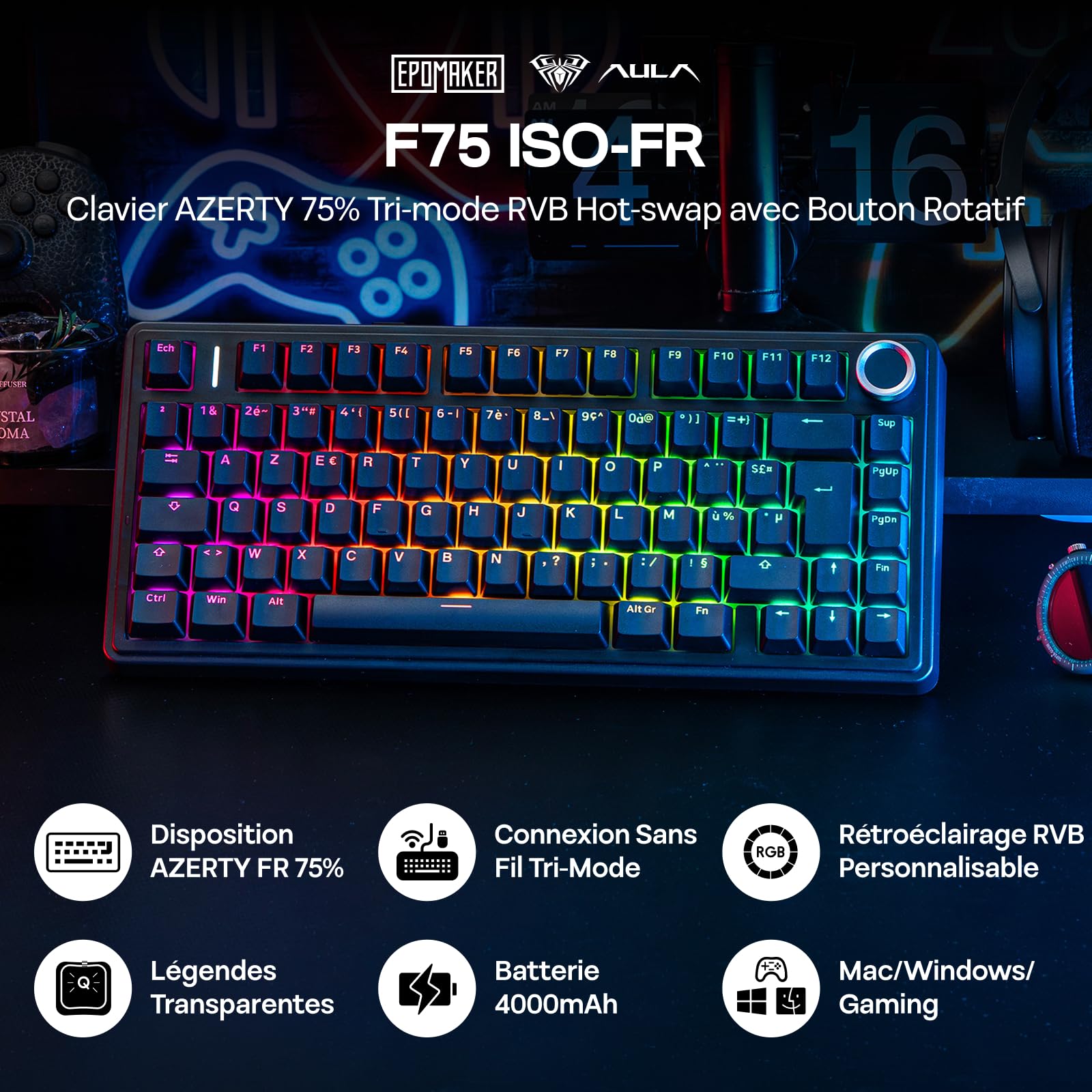 EPOMAKER Aula F75 ISO-FR Clavier Mécanique sans Fil, AZERTY 75%, Clavier Gaming Français avec Bouton Rotatif, RVB, Hot-Swap, Montage Gasket, Son Crémeux, BT/2.4Ghz/Filaire